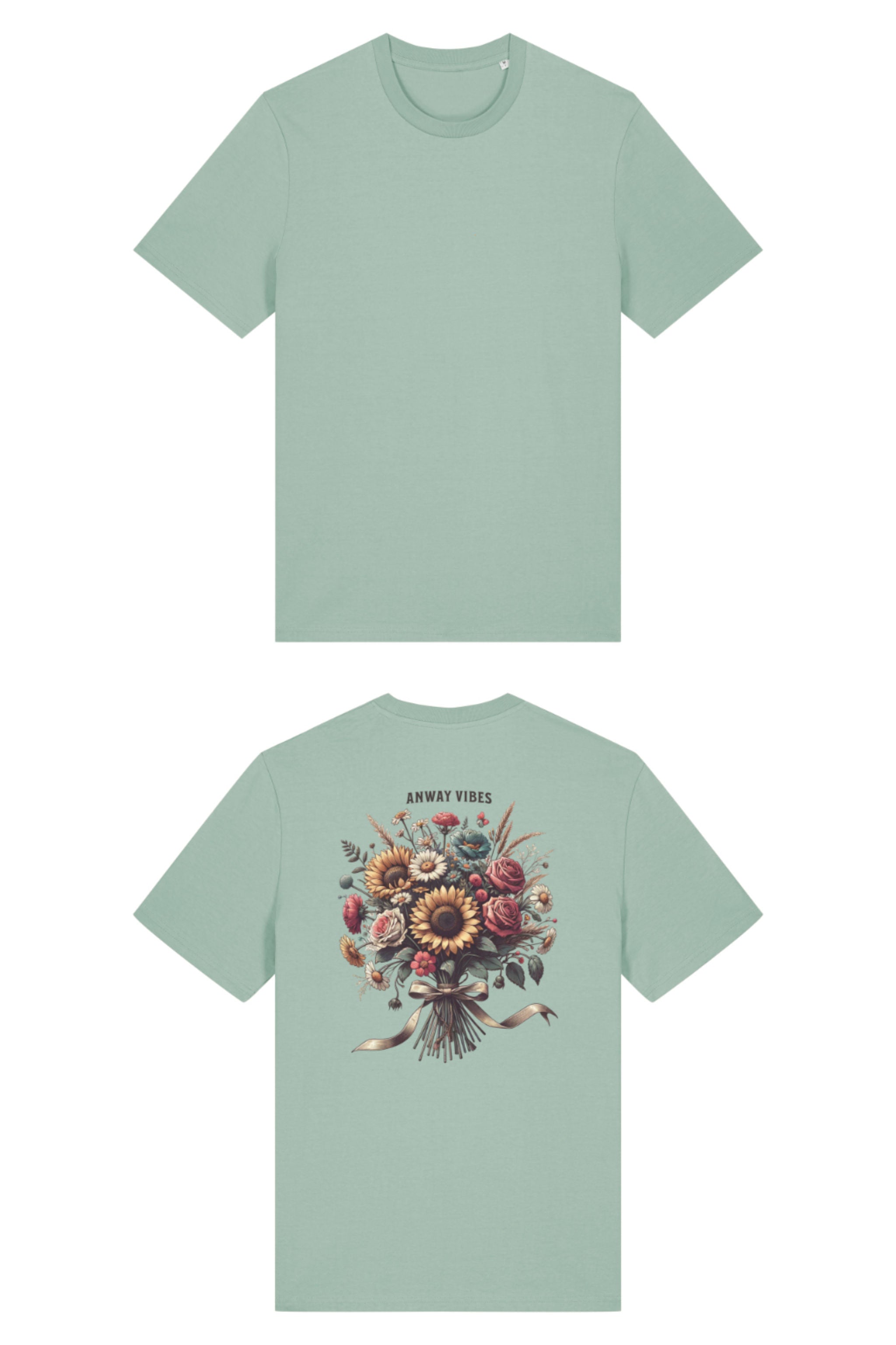 T-Shirt aus 100 % Bio-Baumwolle mit normaler Passform, erhältlich in verschiedenen Farben wie Blue Soul, Cotton Pink, Lavender, Aloe, Weiss und Schwarz. Individuell bedruckbar mit Wunschmotiv. Weiches, angenehm leichtes Material für hohen Tragekomfort. Ideal für einen zeitgemässen, entspannten Look. Mit grossem buntem Blumenstrauss auf dem Rücken und „ANWAY VIBES“-Schriftzug.
