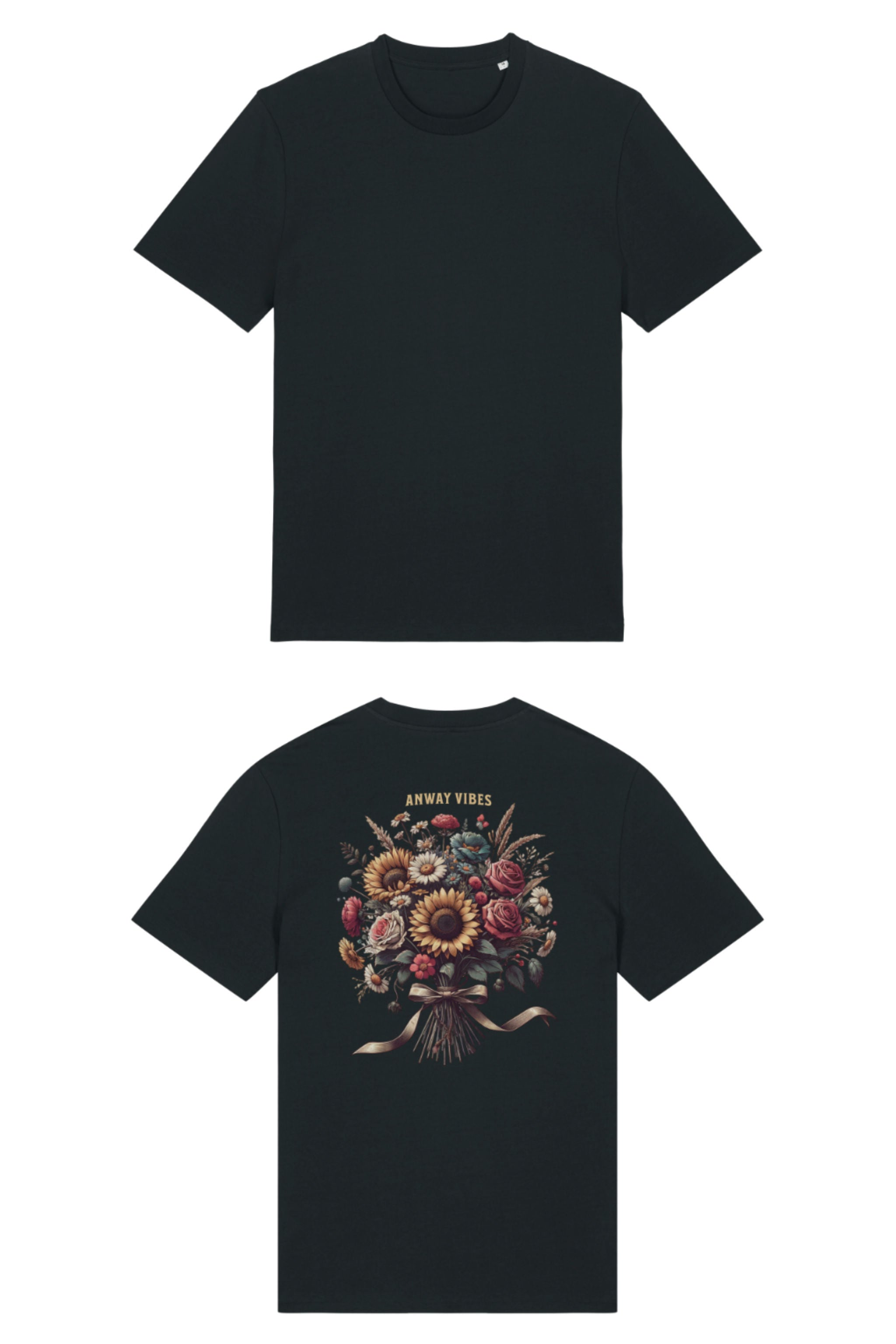 T-Shirt aus 100 % Bio-Baumwolle mit normaler Passform, erhältlich in verschiedenen Farben wie Blue Soul, Cotton Pink, Lavender, Aloe, Weiss und Schwarz. Individuell bedruckbar mit Wunschmotiv. Weiches, angenehm leichtes Material für hohen Tragekomfort. Ideal für einen zeitgemässen, entspannten Look. Mit grossem buntem Blumenstrauss auf dem Rücken und „ANWAY VIBES“-Schriftzug.