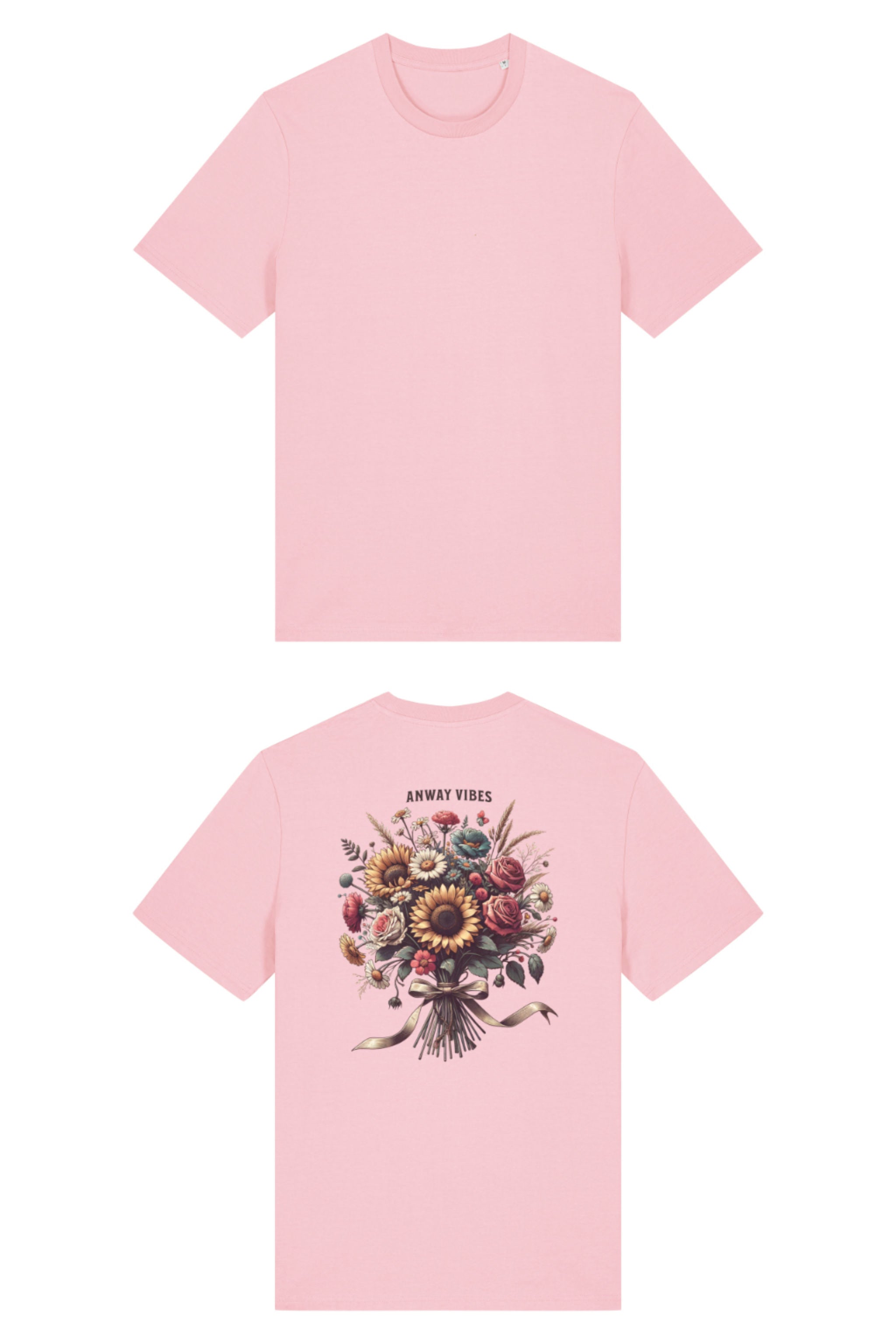 T-Shirt aus 100 % Bio-Baumwolle mit normaler Passform, erhältlich in verschiedenen Farben wie Blue Soul, Cotton Pink, Lavender, Aloe, Weiss und Schwarz. Individuell bedruckbar mit Wunschmotiv. Weiches, angenehm leichtes Material für hohen Tragekomfort. Ideal für einen zeitgemässen, entspannten Look. Mit grossem buntem Blumenstrauss auf dem Rücken und „ANWAY VIBES“-Schriftzug.