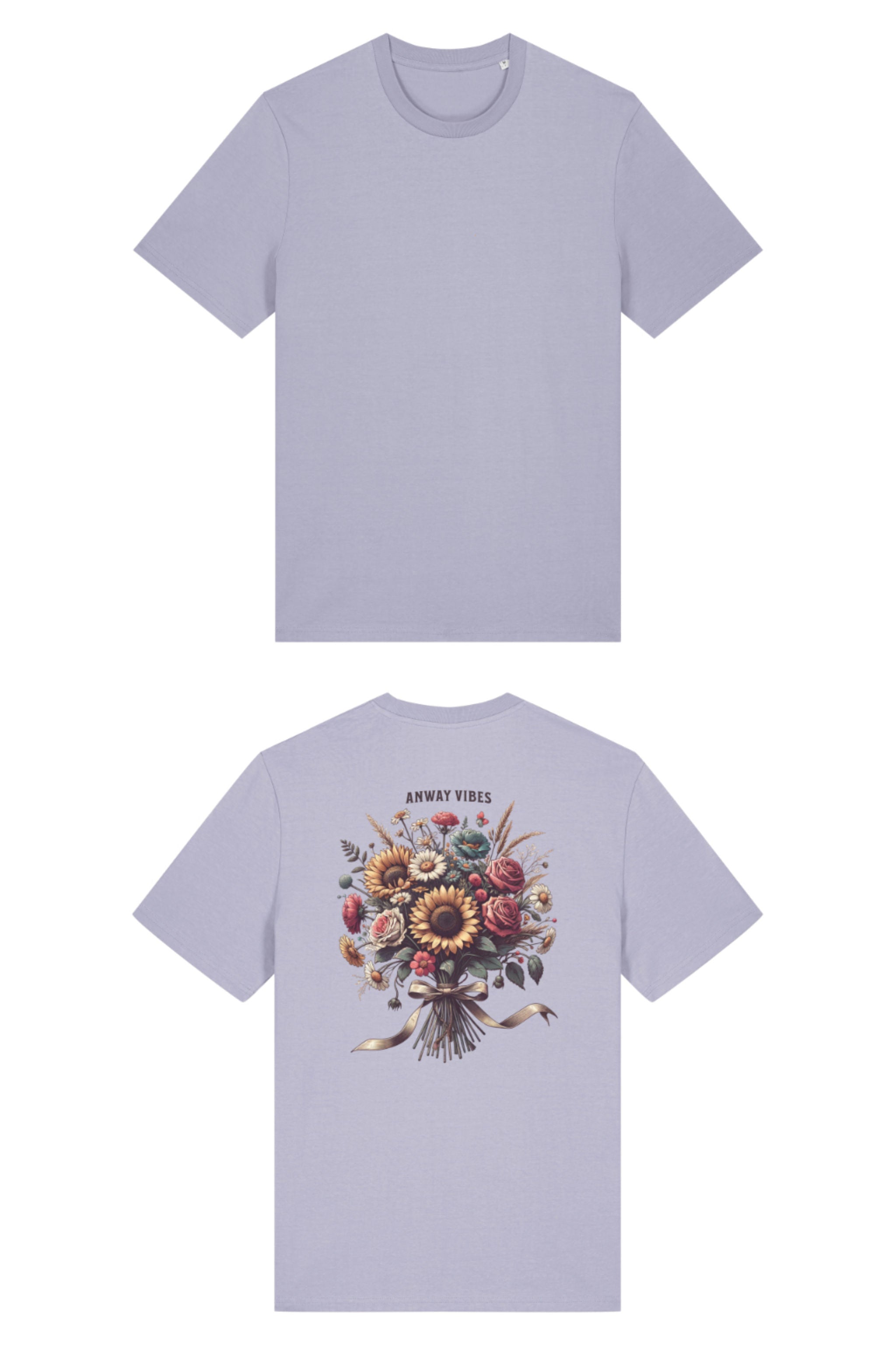 T-Shirt aus 100 % Bio-Baumwolle mit normaler Passform, erhältlich in verschiedenen Farben wie Blue Soul, Cotton Pink, Lavender, Aloe, Weiss und Schwarz. Individuell bedruckbar mit Wunschmotiv. Weiches, angenehm leichtes Material für hohen Tragekomfort. Ideal für einen zeitgemässen, entspannten Look. Mit grossem buntem Blumenstrauss auf dem Rücken und „ANWAY VIBES“-Schriftzug.