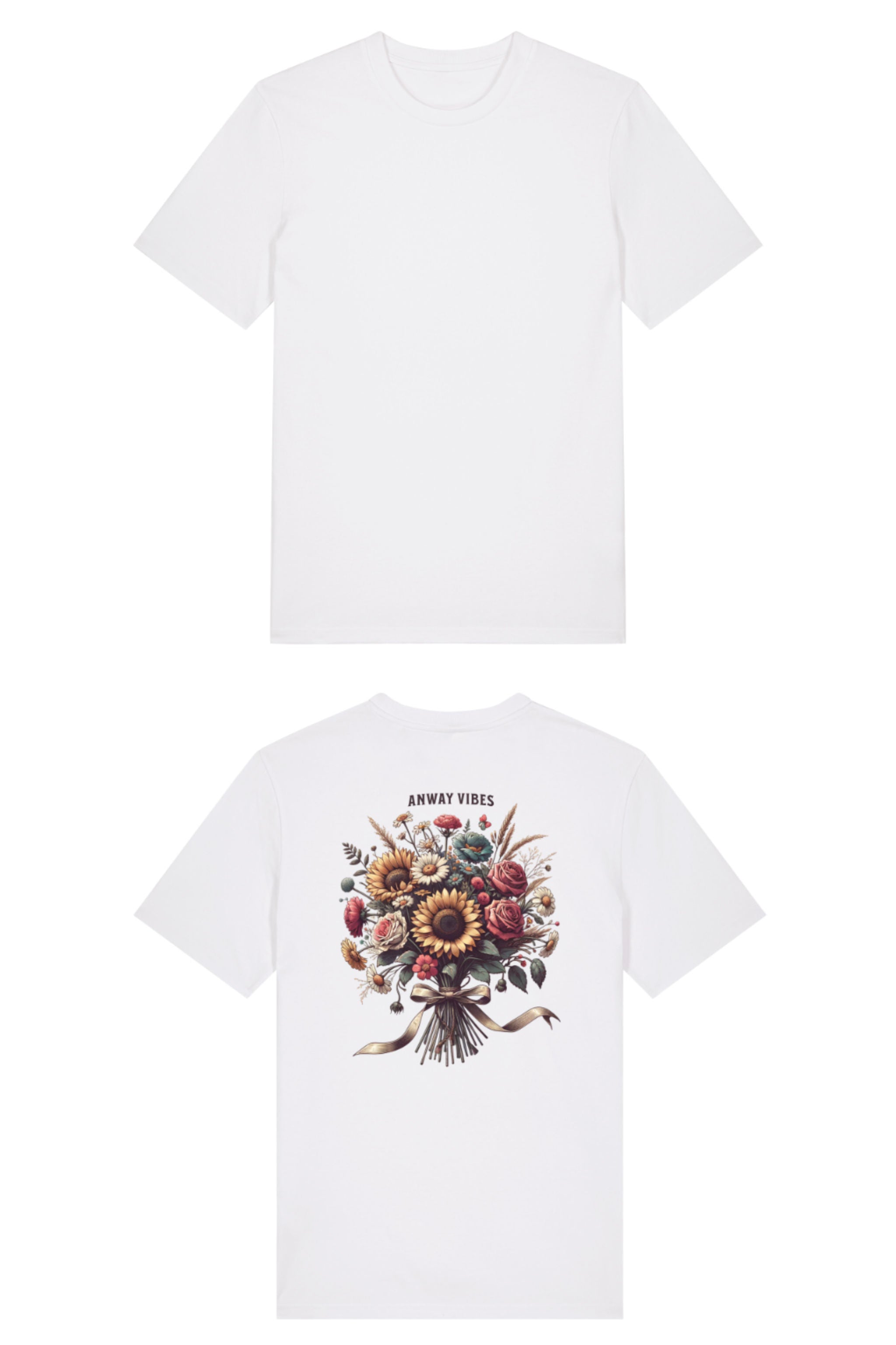 T-Shirt aus 100 % Bio-Baumwolle mit normaler Passform, erhältlich in verschiedenen Farben wie Blue Soul, Cotton Pink, Lavender, Aloe, Weiss und Schwarz. Individuell bedruckbar mit Wunschmotiv. Weiches, angenehm leichtes Material für hohen Tragekomfort. Ideal für einen zeitgemässen, entspannten Look. Mit grossem buntem Blumenstrauss auf dem Rücken und „ANWAY VIBES“-Schriftzug.