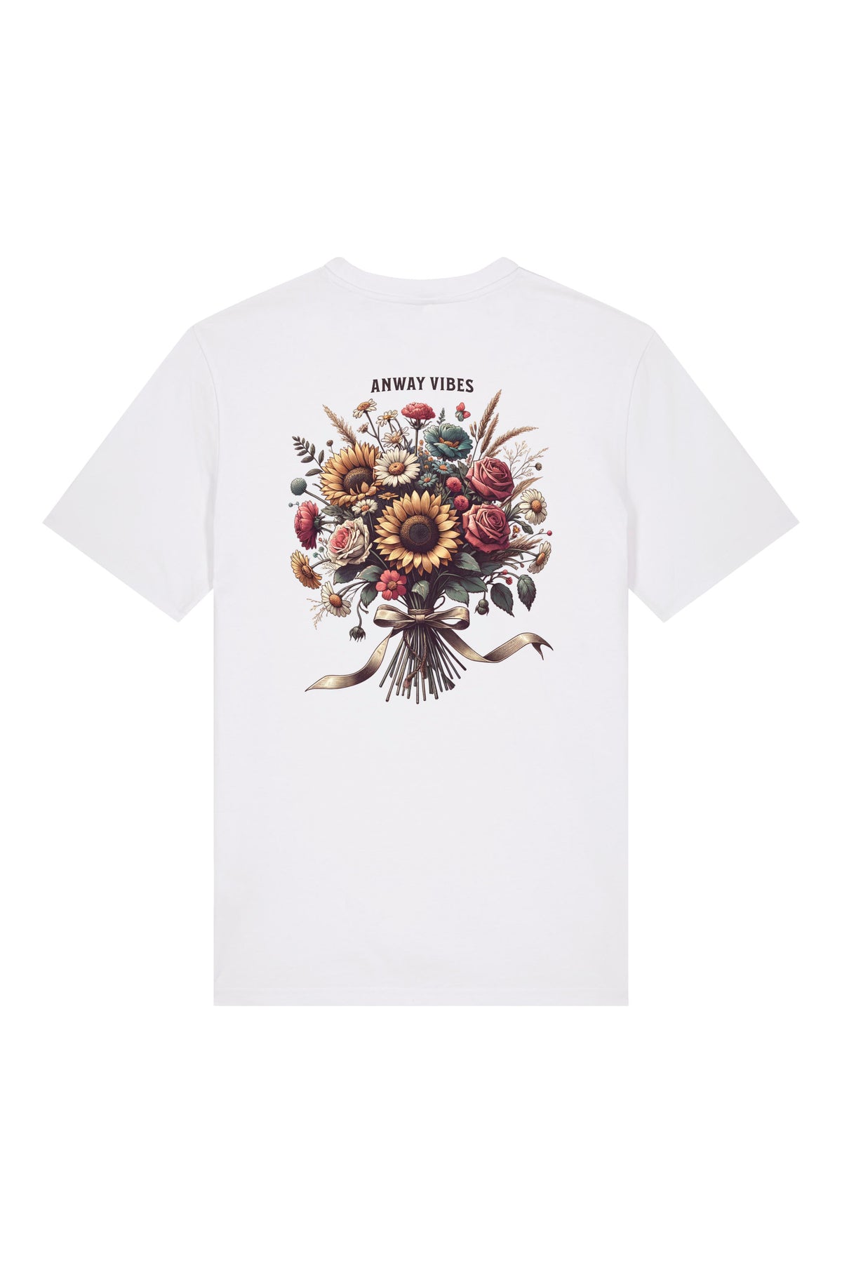 T-Shirt aus 100 % Bio-Baumwolle mit normaler Passform, erhältlich in verschiedenen Farben wie Blue Soul, Cotton Pink, Lavender, Aloe, Weiss und Schwarz. Individuell bedruckbar mit Wunschmotiv. Weiches, angenehm leichtes Material für hohen Tragekomfort. Ideal für einen zeitgemässen, entspannten Look. Mit grossem buntem Blumenstrauss auf dem Rücken und „ANWAY VIBES“-Schriftzug.