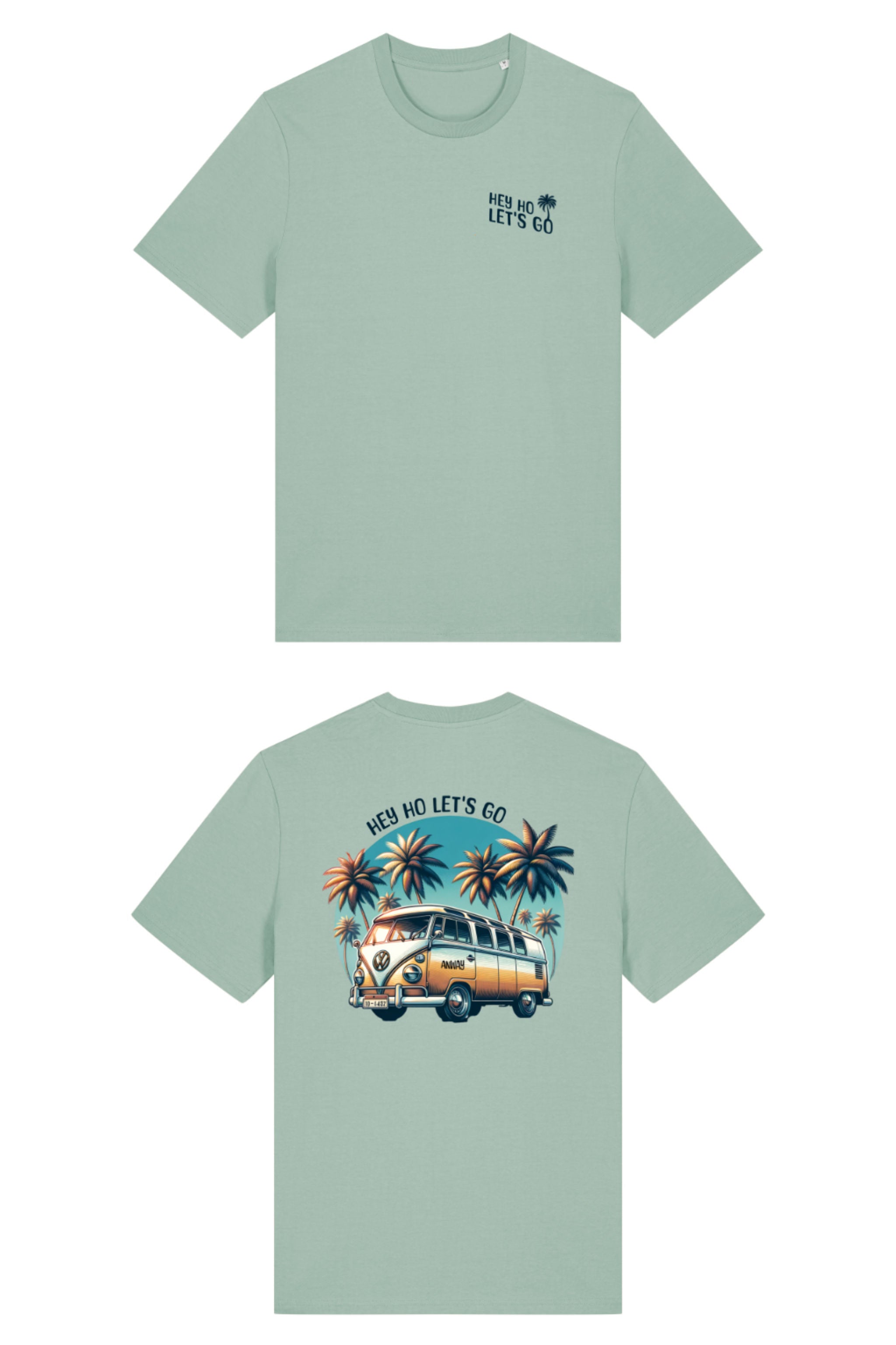 T-Shirt aus 100 % Bio-Baumwolle mit normaler Passform, erhältlich in verschiedenen Farben wie Blue Soul, Cotton Pink, Lavender, Aloe, Weiss und Schwarz. Individuell bedruckbar mit Wunschmotiv. Weiches, angenehm leichtes Material für hohen Tragekomfort. Ideal für einen zeitgemässen, entspannten Look. Mit Retro-Bus-Print, Palmen und „HEY HO LET'S GO“-Schriftzug