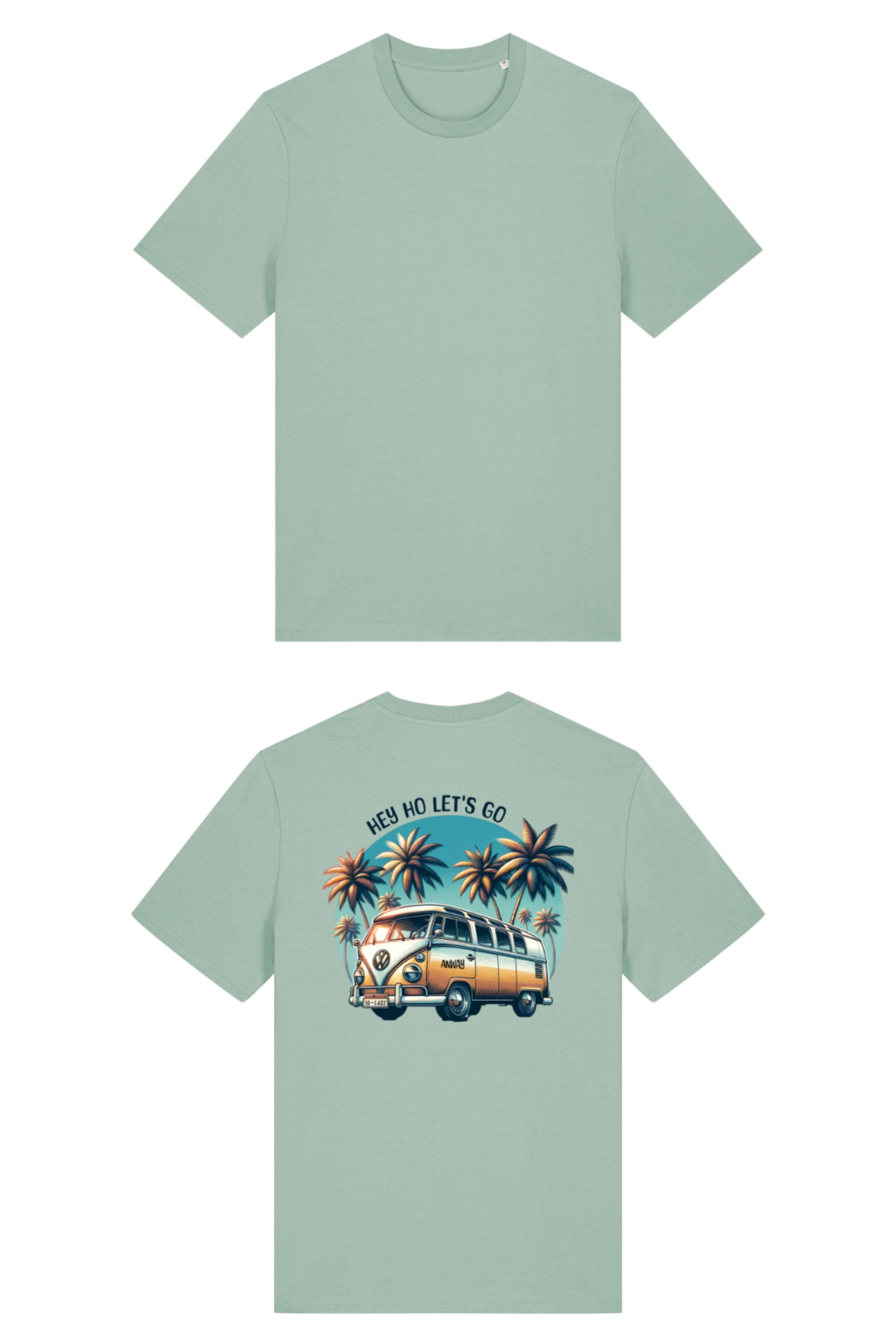T-Shirt aus 100 % Bio-Baumwolle mit normaler Passform, erhältlich in verschiedenen Farben wie Blue Soul, Cotton Pink, Lavender, Aloe, Weiss und Schwarz. Individuell bedruckbar mit Wunschmotiv. Weiches, angenehm leichtes Material für hohen Tragekomfort. Ideal für einen zeitgemässen, entspannten Look. Mit Retro-Bus-Print, Palmen und „HEY HO LET'S GO“-Schriftzug