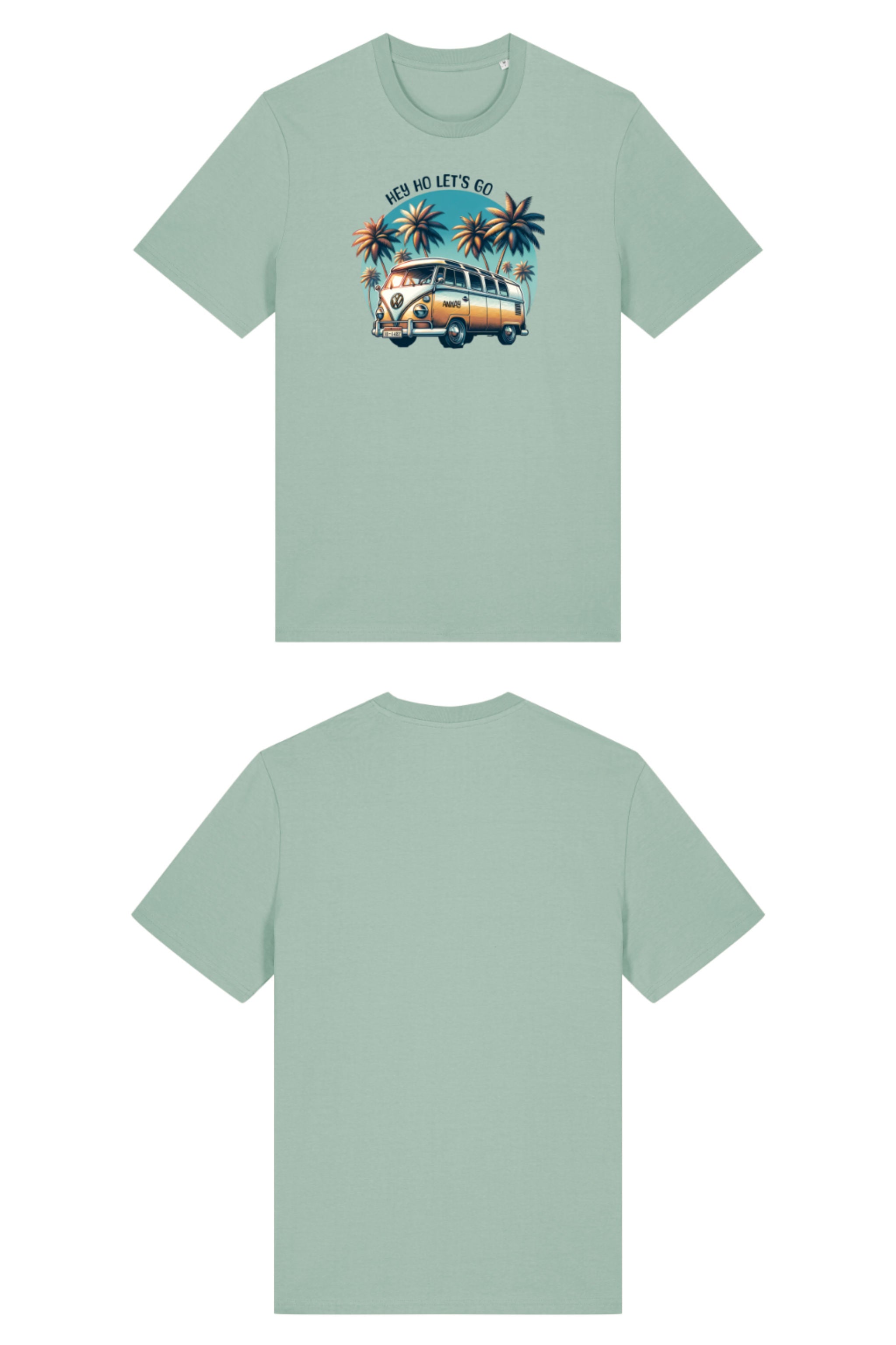 T-Shirt aus 100 % Bio-Baumwolle mit normaler Passform, erhältlich in verschiedenen Farben wie Blue Soul, Cotton Pink, Lavender, Aloe, Weiss und Schwarz. Individuell bedruckbar mit Wunschmotiv. Weiches, angenehm leichtes Material für hohen Tragekomfort. Ideal für einen zeitgemässen, entspannten Look. Mit Retro-Bus-Print, Palmen und „HEY HO LET'S GO“-Schriftzug