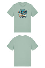 T-Shirt aus 100 % Bio-Baumwolle mit normaler Passform, erhältlich in verschiedenen Farben wie Blue Soul, Cotton Pink, Lavender, Aloe, Weiss und Schwarz. Individuell bedruckbar mit Wunschmotiv. Weiches, angenehm leichtes Material für hohen Tragekomfort. Ideal für einen zeitgemässen, entspannten Look. Mit Retro-Bus-Print, Palmen und „HEY HO LET'S GO“-Schriftzug