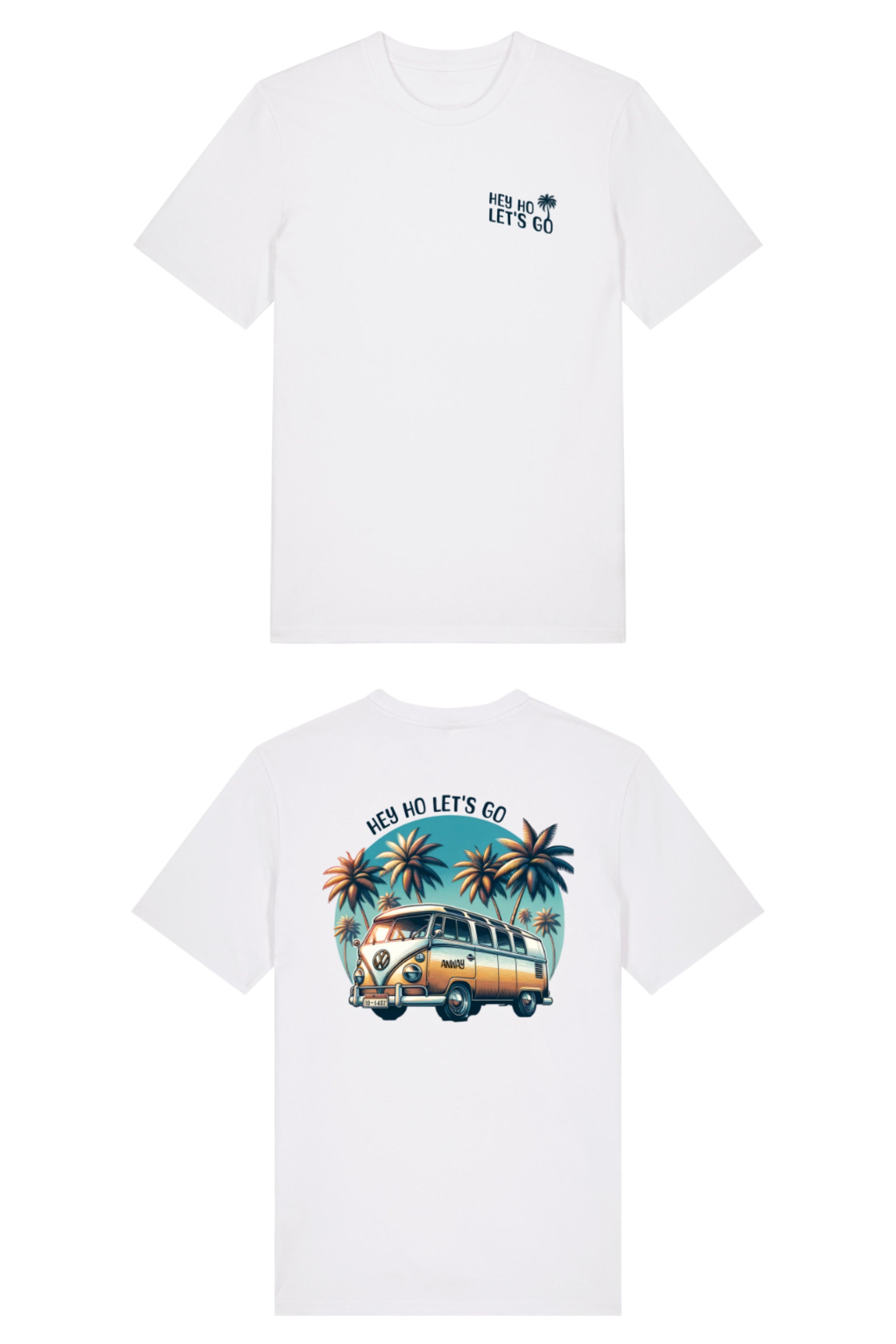 T-Shirt aus 100 % Bio-Baumwolle mit normaler Passform, erhältlich in verschiedenen Farben wie Blue Soul, Cotton Pink, Lavender, Aloe, Weiss und Schwarz. Individuell bedruckbar mit Wunschmotiv. Weiches, angenehm leichtes Material für hohen Tragekomfort. Ideal für einen zeitgemässen, entspannten Look. Mit Retro-Bus-Print, Palmen und „HEY HO LET'S GO“-Schriftzug