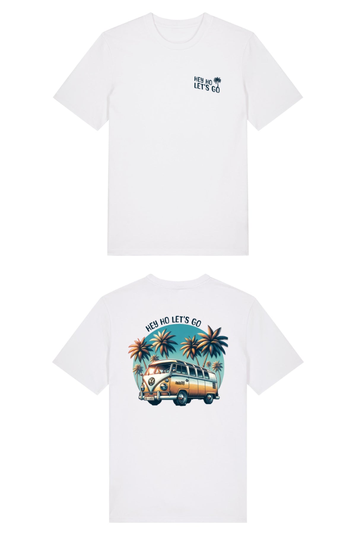 T-Shirt aus 100 % Bio-Baumwolle mit normaler Passform, erhältlich in verschiedenen Farben wie Blue Soul, Cotton Pink, Lavender, Aloe, Weiss und Schwarz. Individuell bedruckbar mit Wunschmotiv. Weiches, angenehm leichtes Material für hohen Tragekomfort. Ideal für einen zeitgemässen, entspannten Look. Mit Retro-Bus-Print, Palmen und „HEY HO LET'S GO“-Schriftzug