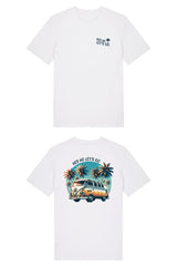 T-Shirt aus 100 % Bio-Baumwolle mit normaler Passform, erhältlich in verschiedenen Farben wie Blue Soul, Cotton Pink, Lavender, Aloe, Weiss und Schwarz. Individuell bedruckbar mit Wunschmotiv. Weiches, angenehm leichtes Material für hohen Tragekomfort. Ideal für einen zeitgemässen, entspannten Look. Mit Retro-Bus-Print, Palmen und „HEY HO LET'S GO“-Schriftzug