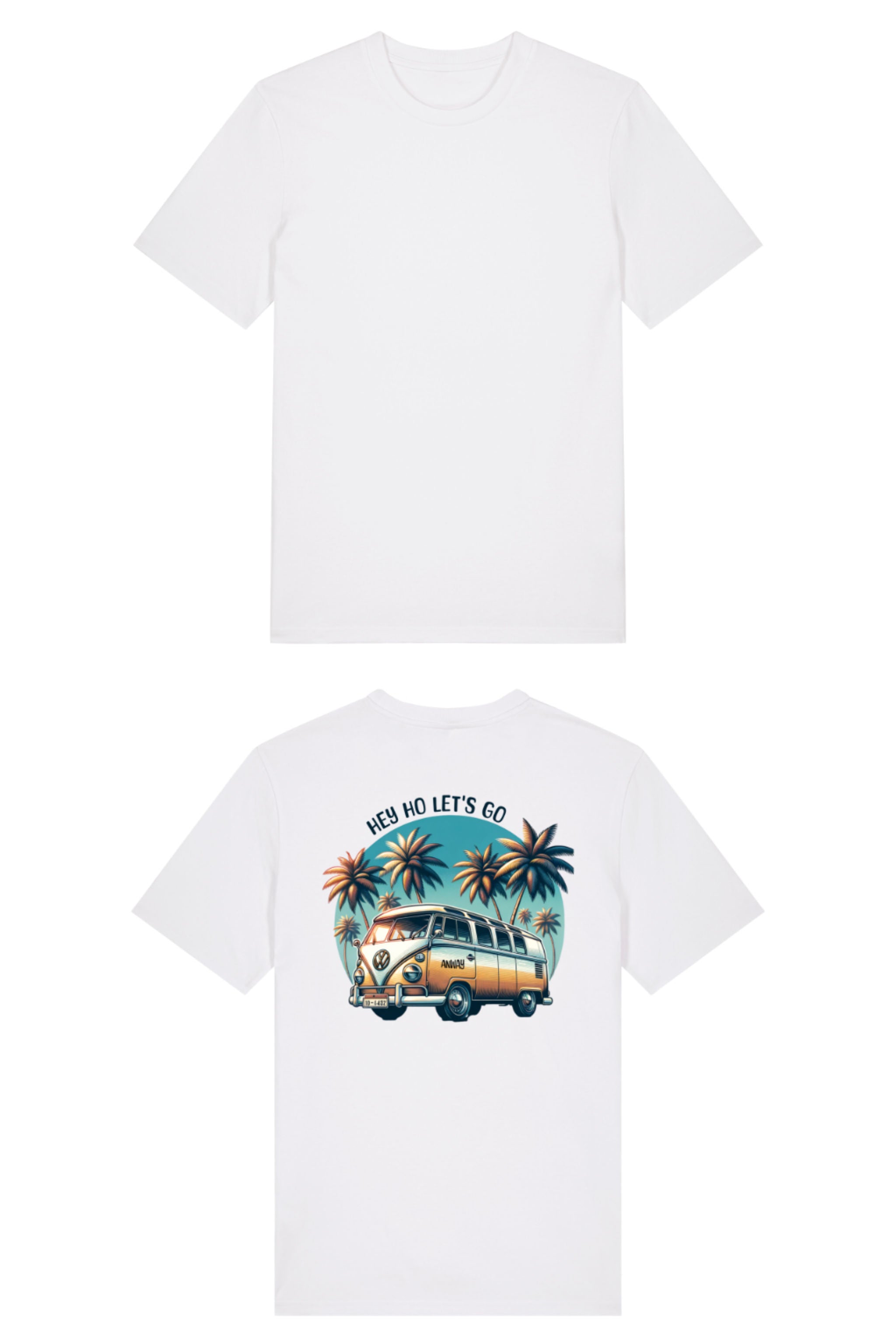 T-Shirt aus 100 % Bio-Baumwolle mit normaler Passform, erhältlich in verschiedenen Farben wie Blue Soul, Cotton Pink, Lavender, Aloe, Weiss und Schwarz. Individuell bedruckbar mit Wunschmotiv. Weiches, angenehm leichtes Material für hohen Tragekomfort. Ideal für einen zeitgemässen, entspannten Look. Mit Retro-Bus-Print, Palmen und „HEY HO LET'S GO“-Schriftzug