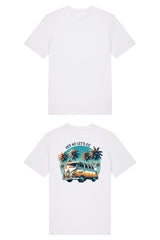 T-Shirt aus 100 % Bio-Baumwolle mit normaler Passform, erhältlich in verschiedenen Farben wie Blue Soul, Cotton Pink, Lavender, Aloe, Weiss und Schwarz. Individuell bedruckbar mit Wunschmotiv. Weiches, angenehm leichtes Material für hohen Tragekomfort. Ideal für einen zeitgemässen, entspannten Look. Mit Retro-Bus-Print, Palmen und „HEY HO LET'S GO“-Schriftzug