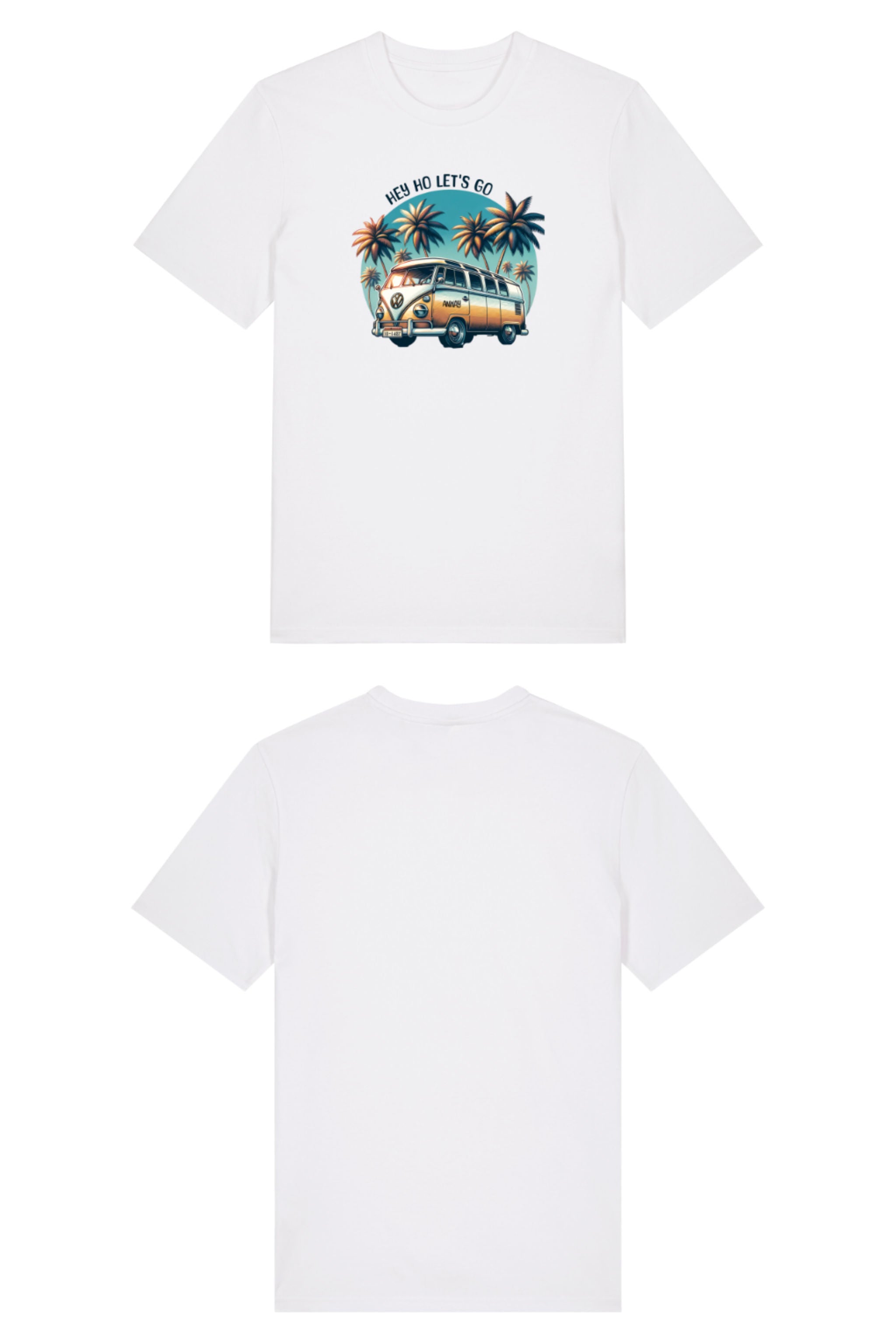 T-Shirt aus 100 % Bio-Baumwolle mit normaler Passform, erhältlich in verschiedenen Farben wie Blue Soul, Cotton Pink, Lavender, Aloe, Weiss und Schwarz. Individuell bedruckbar mit Wunschmotiv. Weiches, angenehm leichtes Material für hohen Tragekomfort. Ideal für einen zeitgemässen, entspannten Look. Mit Retro-Bus-Print, Palmen und „HEY HO LET'S GO“-Schriftzug