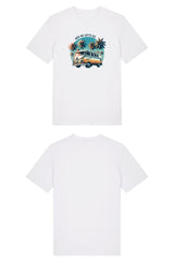 T-Shirt aus 100 % Bio-Baumwolle mit normaler Passform, erhältlich in verschiedenen Farben wie Blue Soul, Cotton Pink, Lavender, Aloe, Weiss und Schwarz. Individuell bedruckbar mit Wunschmotiv. Weiches, angenehm leichtes Material für hohen Tragekomfort. Ideal für einen zeitgemässen, entspannten Look. Mit Retro-Bus-Print, Palmen und „HEY HO LET'S GO“-Schriftzug