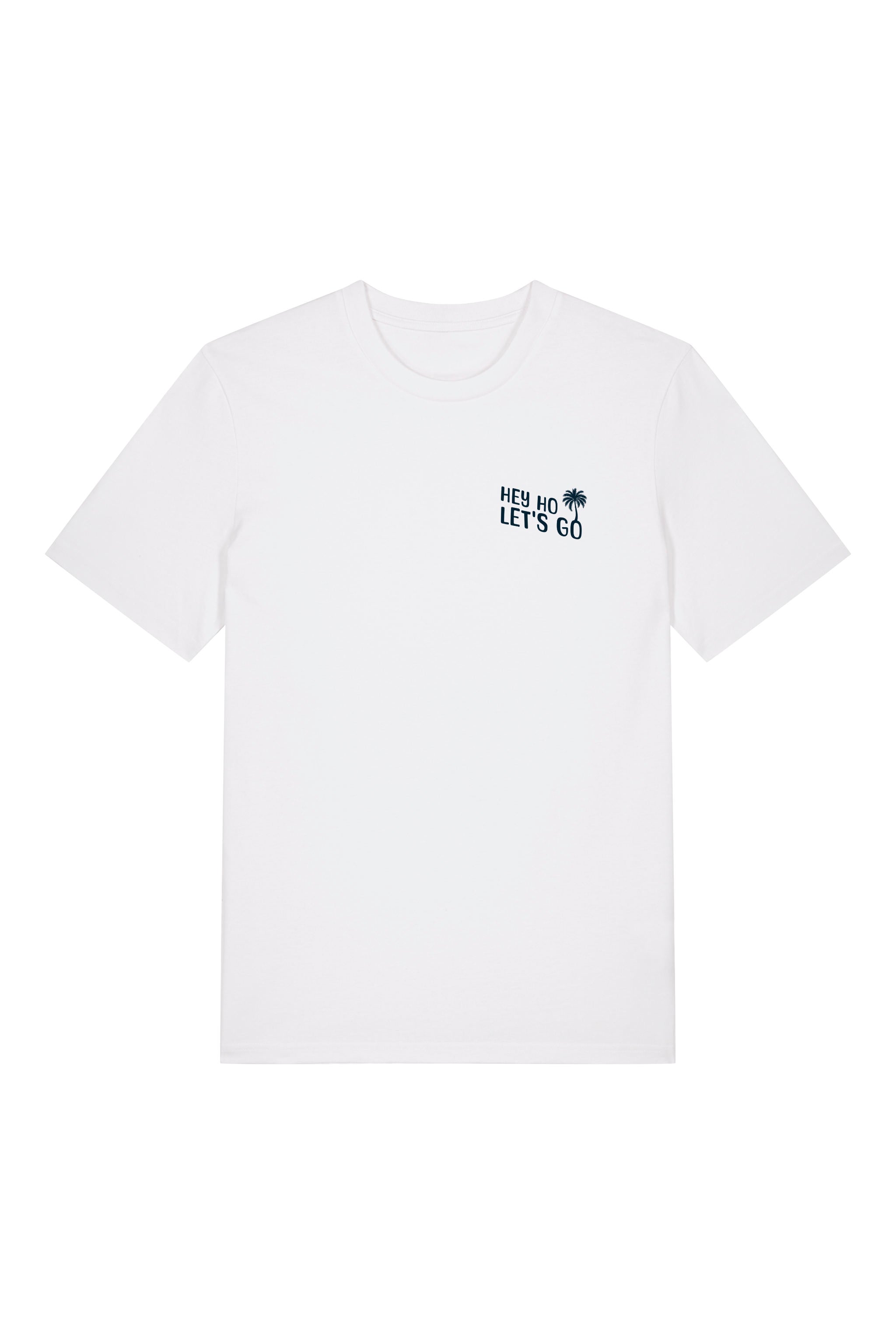 T-Shirt aus 100 % Bio-Baumwolle mit normaler Passform, erhältlich in verschiedenen Farben wie Blue Soul, Cotton Pink, Lavender, Aloe, Weiss und Schwarz. Individuell bedruckbar mit Wunschmotiv. Weiches, angenehm leichtes Material für hohen Tragekomfort. Ideal für einen zeitgemässen, entspannten Look. Mit Retro-Bus-Print, Palmen und „HEY HO LET'S GO“-Schriftzug