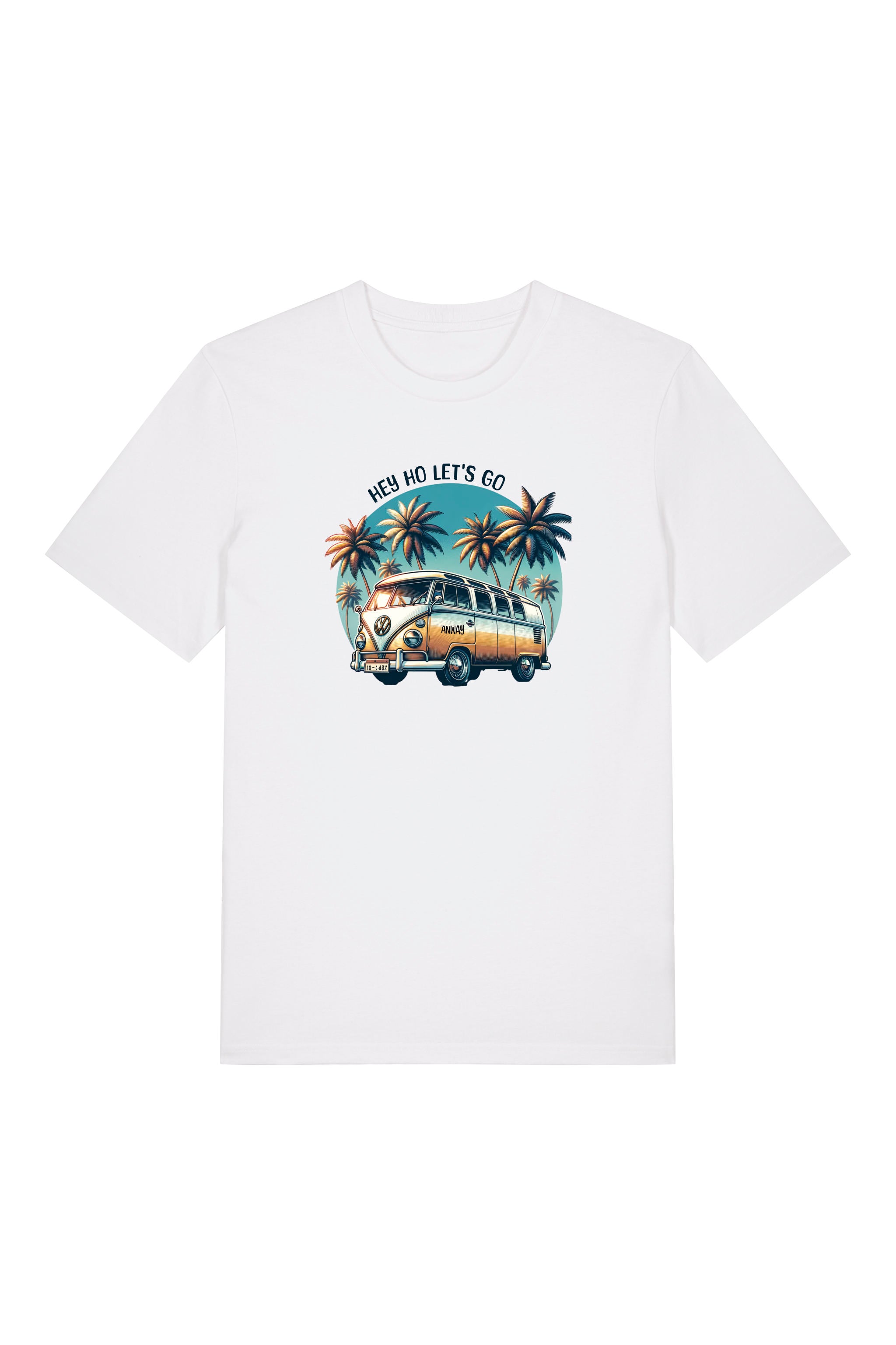 T-Shirt aus 100 % Bio-Baumwolle mit normaler Passform, erhältlich in verschiedenen Farben wie Blue Soul, Cotton Pink, Lavender, Aloe, Weiss und Schwarz. Individuell bedruckbar mit Wunschmotiv. Weiches, angenehm leichtes Material für hohen Tragekomfort. Ideal für einen zeitgemässen, entspannten Look. Mit Retro-Bus-Print, Palmen und „HEY HO LET'S GO“-Schriftzug