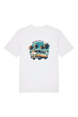 T-Shirt aus 100 % Bio-Baumwolle mit normaler Passform, erhältlich in verschiedenen Farben wie Blue Soul, Cotton Pink, Lavender, Aloe, Weiss und Schwarz. Individuell bedruckbar mit Wunschmotiv. Weiches, angenehm leichtes Material für hohen Tragekomfort. Ideal für einen zeitgemässen, entspannten Look. Mit Retro-Bus-Print, Palmen und „HEY HO LET'S GO“-Schriftzug