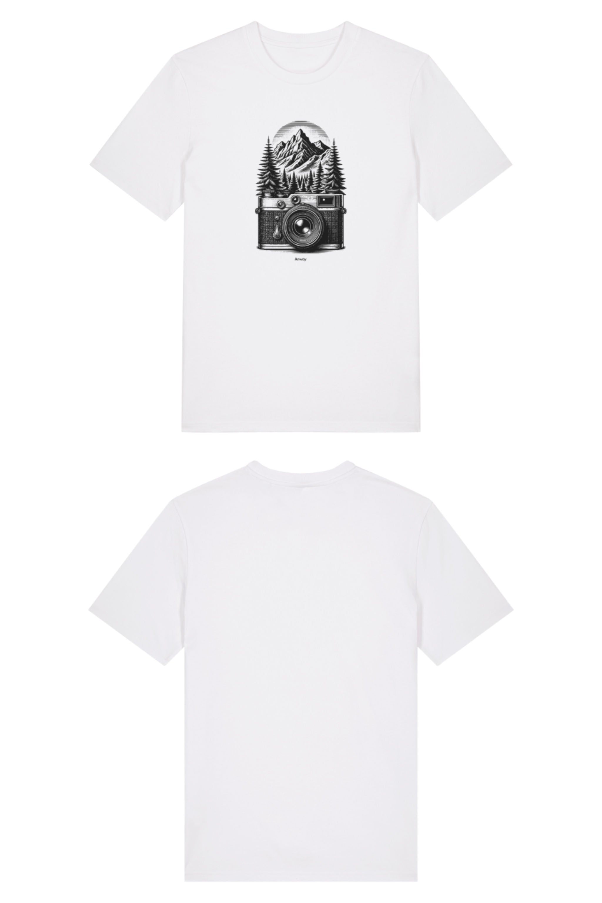 T-Shirt aus 100 % Bio-Baumwolle mit normaler Passform, erhältlich in verschiedenen Farben wie Blue Soul, Cotton Pink, Lavender, Aloe, Weiss und Schwarz. Individuell bedruckbar mit Wunschmotiv. Weiches, angenehm leichtes Material für hohen Tragekomfort. Ideal für einen zeitgemässen, entspannten Look. Mit schwarzer Kamera-Illustration, Bergpanorama und Tannenwäldern auf der Vorderseite des T-Shirts.