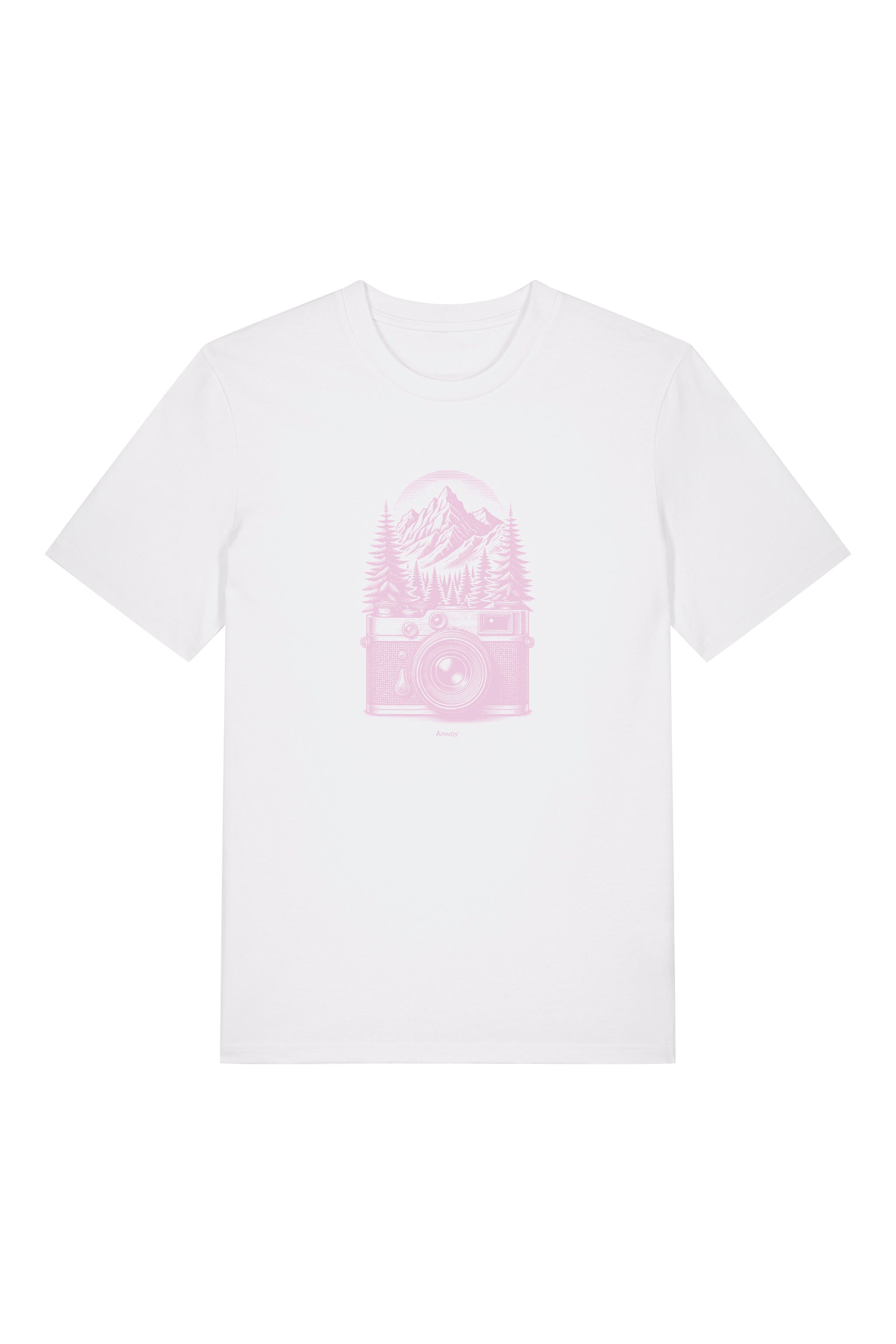 T-Shirt aus 100 % Bio-Baumwolle mit normaler Passform, erhältlich in verschiedenen Farben wie Blue Soul, Cotton Pink, Lavender, Aloe, Weiss und Schwarz. Individuell bedruckbar mit Wunschmotiv. Weiches, angenehm leichtes Material für hohen Tragekomfort. Ideal für einen zeitgemässen, entspannten Look. Mit rosa Kamera-Illustration, Bergpanorama und Tannenwäldern auf der Vorderseite des T-Shirts.