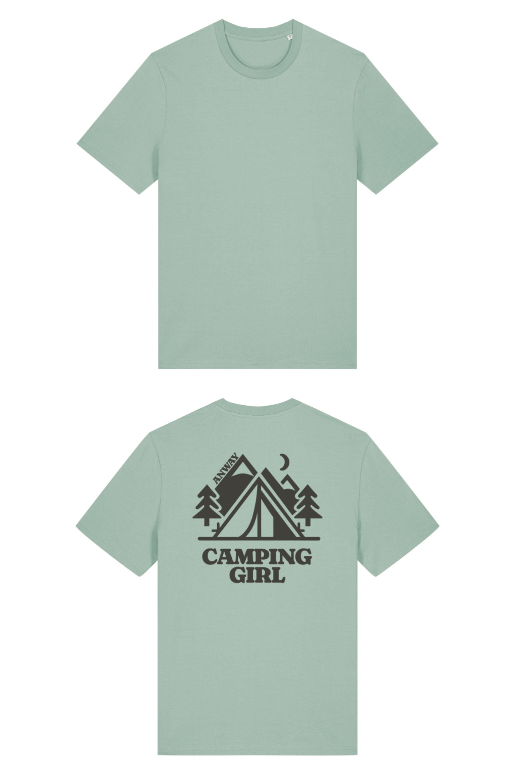 T-Shirt aus 100 % Bio-Baumwolle mit normaler Passform, erhältlich in verschiedenen Farben wie Blue Soul, Cotton Pink, Lavender, Aloe, Weiss und Schwarz. Individuell bedruckbar mit Wunschmotiv. Weiches, angenehm leichtes Material für hohen Tragekomfort. Ideal für einen zeitgemässen, entspannten Look. Mit grossem Zelt-Motiv, Bäumen, Mond und „CAMPING GIRL“-Print auf der Rückseite.