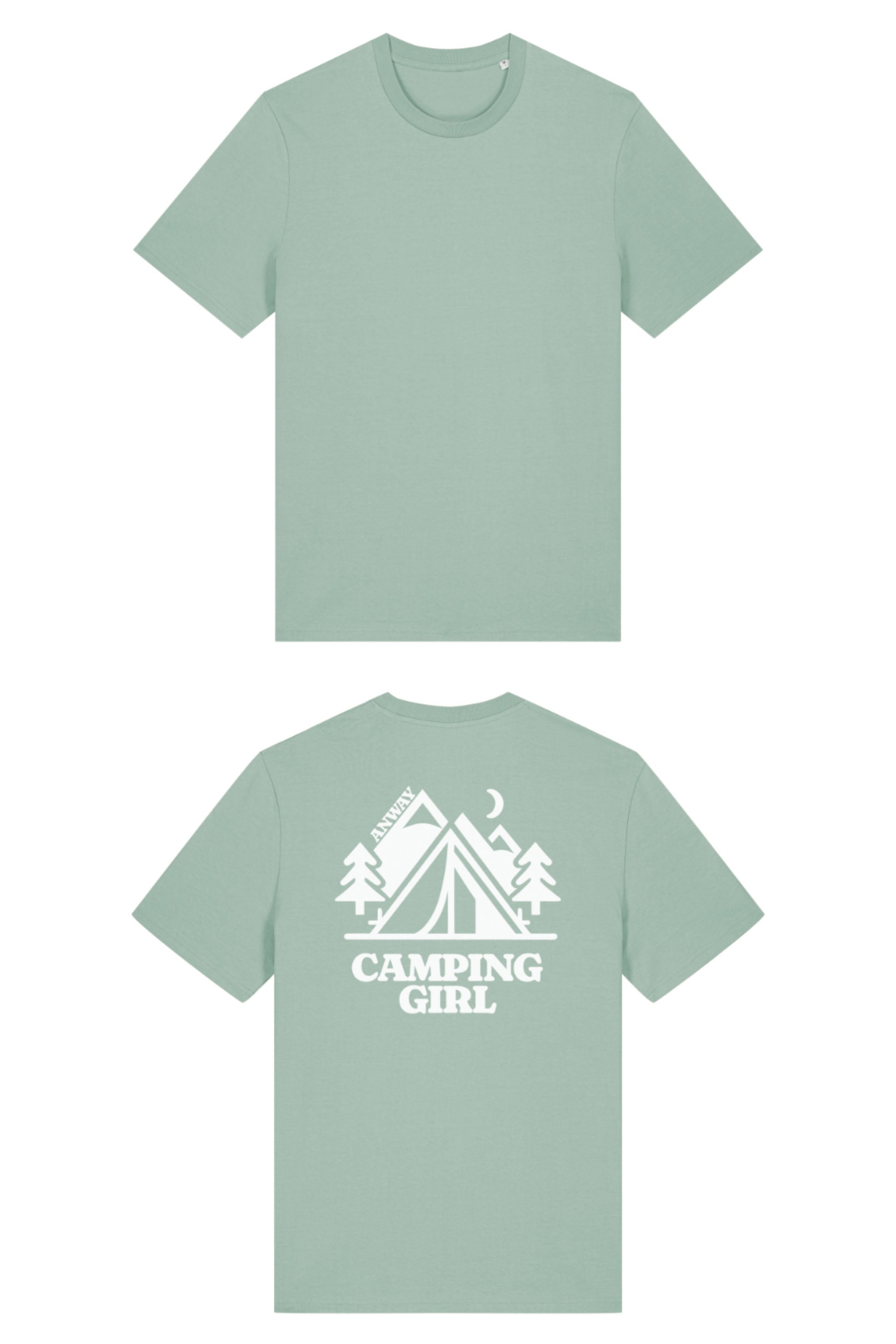 T-Shirt aus 100 % Bio-Baumwolle mit normaler Passform, erhältlich in verschiedenen Farben wie Blue Soul, Cotton Pink, Lavender, Aloe, Weiss und Schwarz. Individuell bedruckbar mit Wunschmotiv. Weiches, angenehm leichtes Material für hohen Tragekomfort. Ideal für einen zeitgemässen, entspannten Look. Mit grossem Zelt-Motiv, Bäumen, Mond und „CAMPING GIRL“-Print auf der Rückseite.