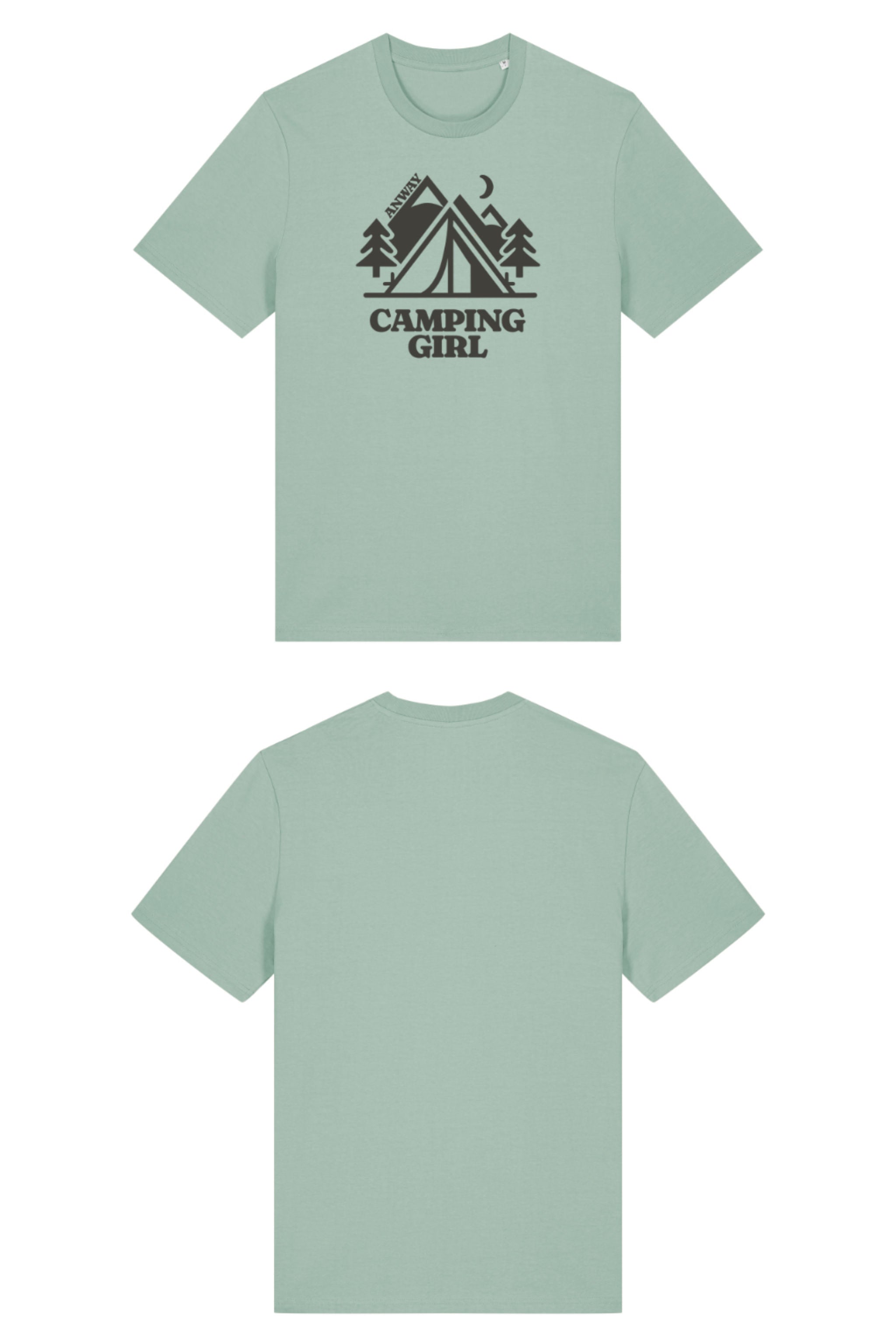 T-Shirt aus 100 % Bio-Baumwolle mit normaler Passform, erhältlich in verschiedenen Farben wie Blue Soul, Cotton Pink, Lavender, Aloe, Weiss und Schwarz. Individuell bedruckbar mit Wunschmotiv. Weiches, angenehm leichtes Material für hohen Tragekomfort. Ideal für einen zeitgemässen, entspannten Look. Mit Zelt-Motiv, Bäumen, Mond und „CAMPING GIRL“-Print auf der Vorderseite.