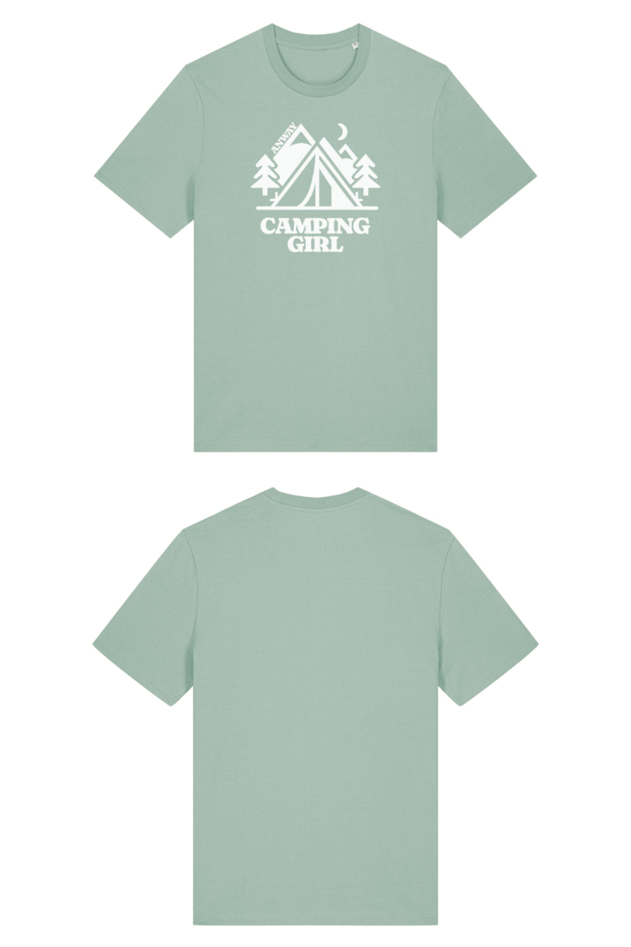 T-Shirt aus 100 % Bio-Baumwolle mit normaler Passform, erhältlich in verschiedenen Farben wie Blue Soul, Cotton Pink, Lavender, Aloe, Weiss und Schwarz. Individuell bedruckbar mit Wunschmotiv. Weiches, angenehm leichtes Material für hohen Tragekomfort. Ideal für einen zeitgemässen, entspannten Look. Mit Zelt-Motiv, Bäumen, Mond und „CAMPING GIRL“-Print auf der Vorderseite.