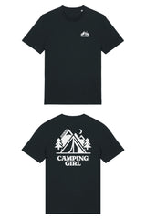 T-Shirt aus 100 % Bio-Baumwolle mit normaler Passform, erhältlich in verschiedenen Farben wie Blue Soul, Cotton Pink, Lavender, Aloe, Weiss und Schwarz. Individuell bedruckbar mit Wunschmotiv. Weiches, angenehm leichtes Material für hohen Tragekomfort. Ideal für einen zeitgemässen, entspannten Look. Mit kleinem Zelt-Motiv, Bäumen und Mond auf der Vorderseite und grossem „CAMPING GIRL“-Print auf dem Rücken. 