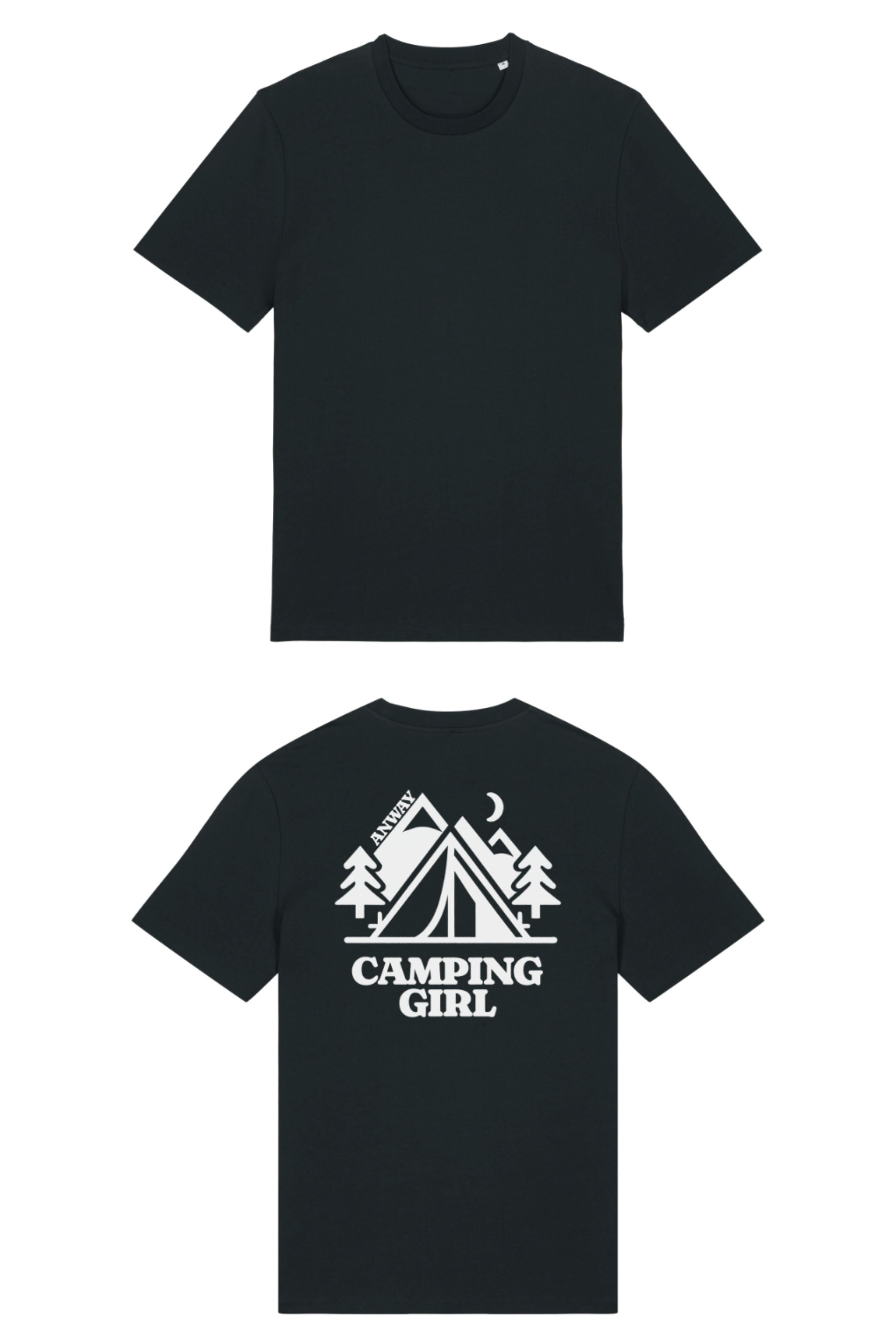 T-Shirt aus 100 % Bio-Baumwolle mit normaler Passform, erhältlich in verschiedenen Farben wie Blue Soul, Cotton Pink, Lavender, Aloe, Weiss und Schwarz. Individuell bedruckbar mit Wunschmotiv. Weiches, angenehm leichtes Material für hohen Tragekomfort. Ideal für einen zeitgemässen, entspannten Look. Mit grossem Zelt-Motiv, Bäumen, Mond und „CAMPING GIRL“-Print auf der Rückseite.