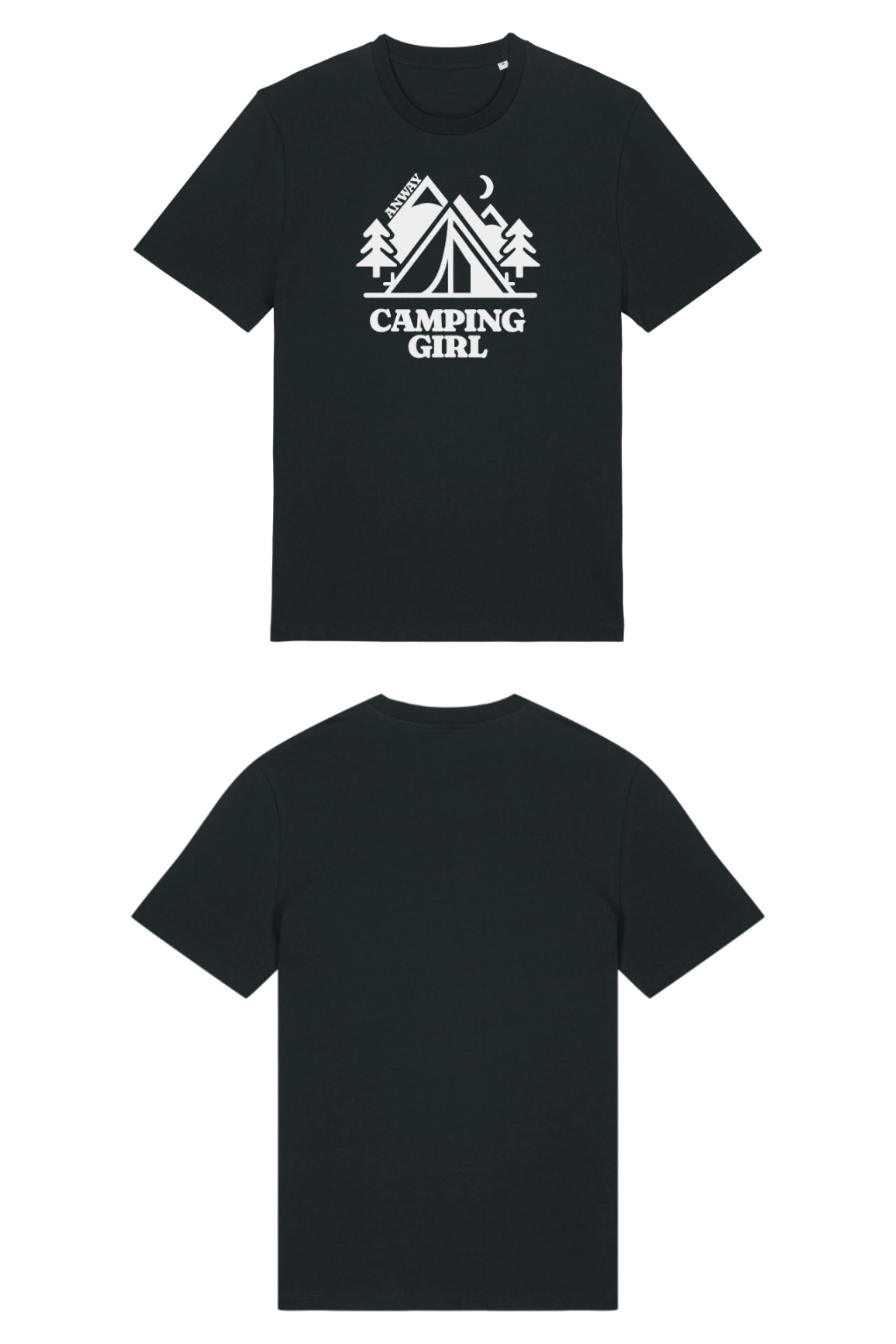 T-Shirt aus 100 % Bio-Baumwolle mit normaler Passform, erhältlich in verschiedenen Farben wie Blue Soul, Cotton Pink, Lavender, Aloe, Weiss und Schwarz. Individuell bedruckbar mit Wunschmotiv. Weiches, angenehm leichtes Material für hohen Tragekomfort. Ideal für einen zeitgemässen, entspannten Look. Mit Zelt-Motiv, Bäumen, Mond und „CAMPING GIRL“-Print auf der Vorderseite.