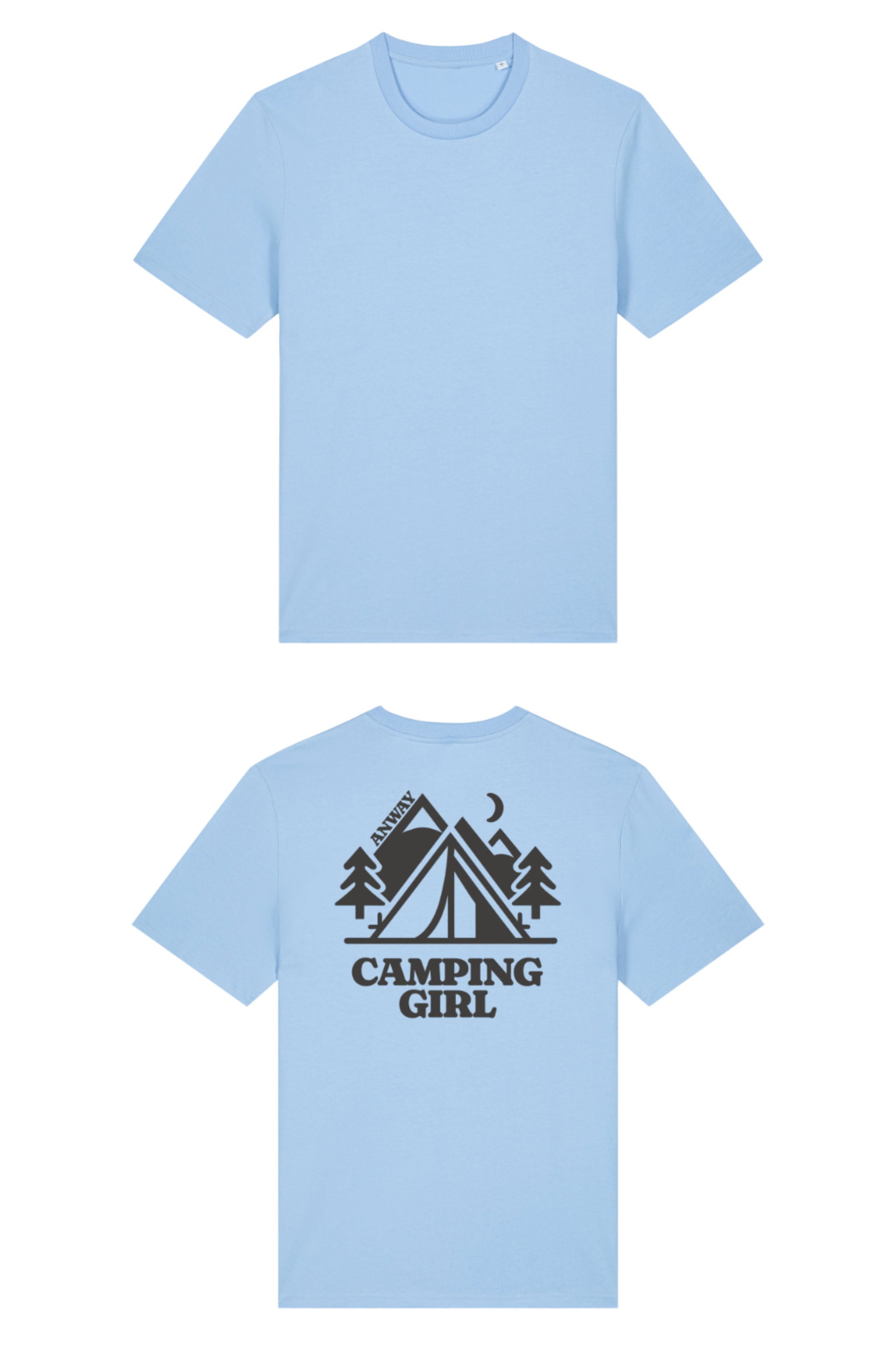 T-Shirt aus 100 % Bio-Baumwolle mit normaler Passform, erhältlich in verschiedenen Farben wie Blue Soul, Cotton Pink, Lavender, Aloe, Weiss und Schwarz. Individuell bedruckbar mit Wunschmotiv. Weiches, angenehm leichtes Material für hohen Tragekomfort. Ideal für einen zeitgemässen, entspannten Look. Mit grossem Zelt-Motiv, Bäumen, Mond und „CAMPING GIRL“-Print auf der Rückseite.