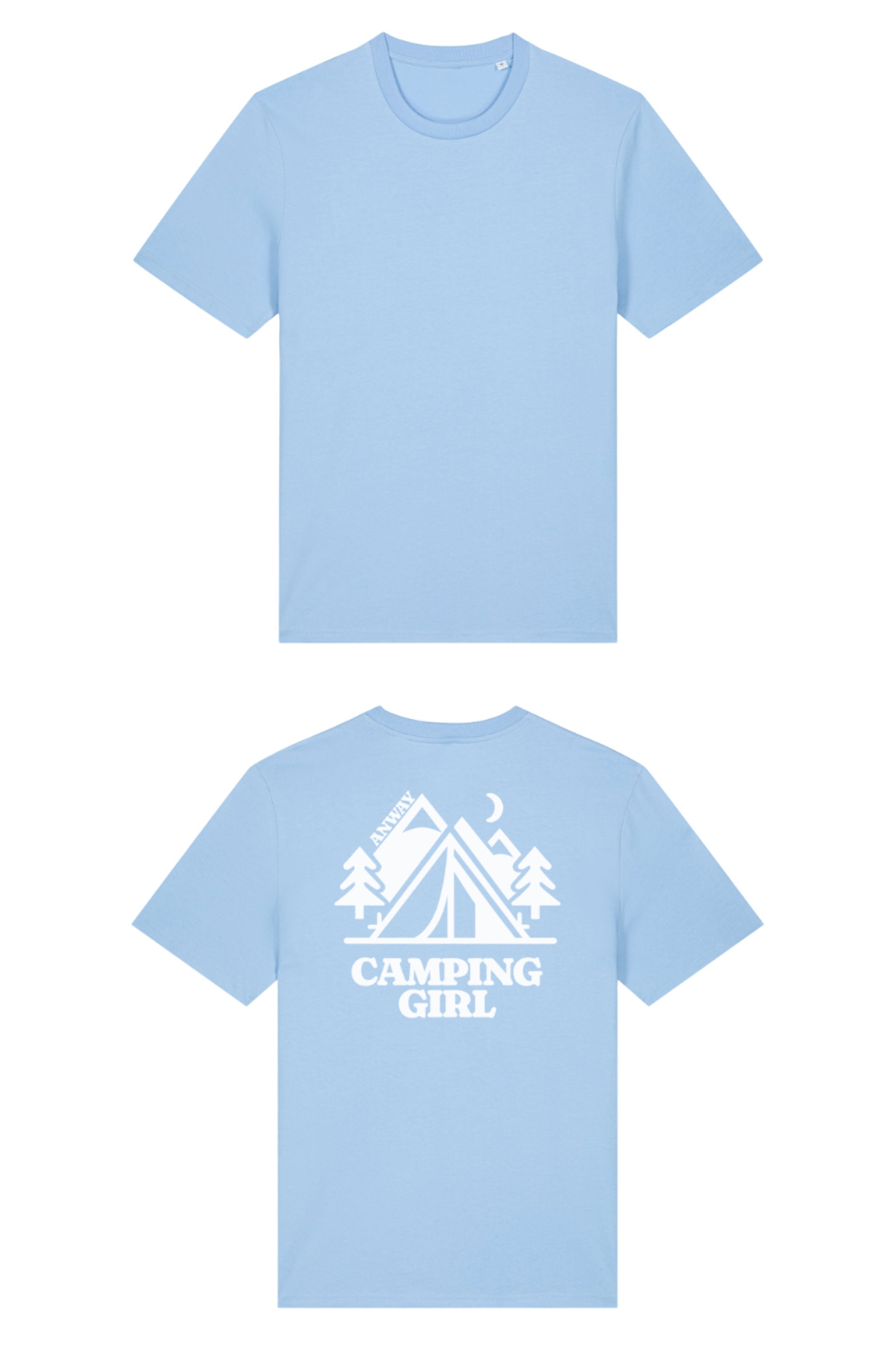 T-Shirt aus 100 % Bio-Baumwolle mit normaler Passform, erhältlich in verschiedenen Farben wie Blue Soul, Cotton Pink, Lavender, Aloe, Weiss und Schwarz. Individuell bedruckbar mit Wunschmotiv. Weiches, angenehm leichtes Material für hohen Tragekomfort. Ideal für einen zeitgemässen, entspannten Look. Mit grossem Zelt-Motiv, Bäumen, Mond und „CAMPING GIRL“-Print auf der Rückseite.