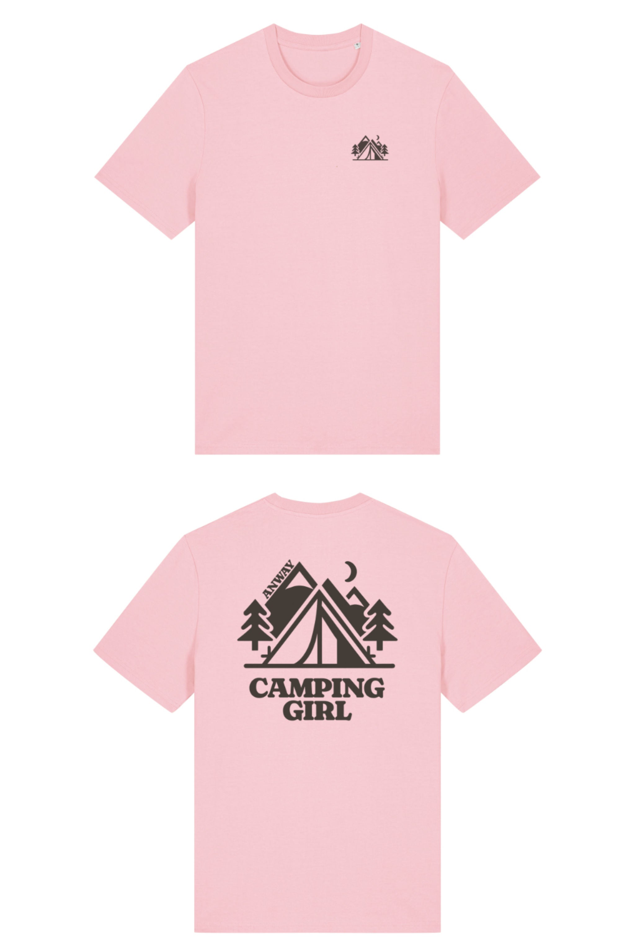 T-Shirt aus 100 % Bio-Baumwolle mit normaler Passform, erhältlich in verschiedenen Farben wie Blue Soul, Cotton Pink, Lavender, Aloe, Weiss und Schwarz. Individuell bedruckbar mit Wunschmotiv. Weiches, angenehm leichtes Material für hohen Tragekomfort. Ideal für einen zeitgemässen, entspannten Look. Mit kleinem Zelt-Motiv, Bäumen und Mond auf der Vorderseite und grossem „CAMPING GIRL“-Print auf dem Rücken. 