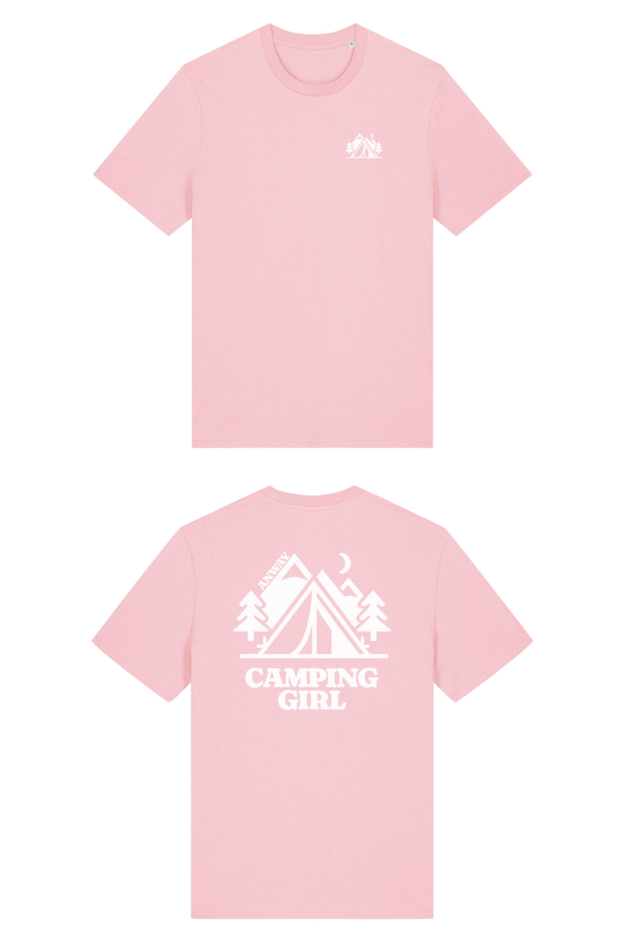 T-Shirt aus 100 % Bio-Baumwolle mit normaler Passform, erhältlich in verschiedenen Farben wie Blue Soul, Cotton Pink, Lavender, Aloe, Weiss und Schwarz. Individuell bedruckbar mit Wunschmotiv. Weiches, angenehm leichtes Material für hohen Tragekomfort. Ideal für einen zeitgemässen, entspannten Look. Mit kleinem Zelt-Motiv, Bäumen und Mond auf der Vorderseite und grossem „CAMPING GIRL“-Print auf dem Rücken. 