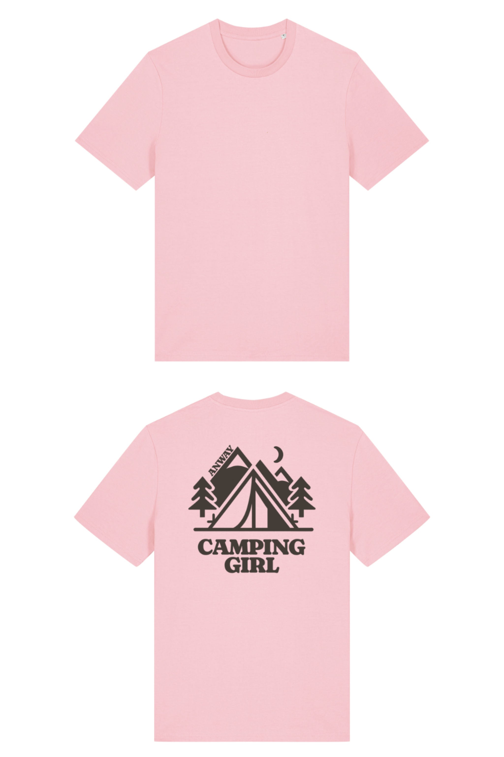 T-Shirt aus 100 % Bio-Baumwolle mit normaler Passform, erhältlich in verschiedenen Farben wie Blue Soul, Cotton Pink, Lavender, Aloe, Weiss und Schwarz. Individuell bedruckbar mit Wunschmotiv. Weiches, angenehm leichtes Material für hohen Tragekomfort. Ideal für einen zeitgemässen, entspannten Look. Mit grossem Zelt-Motiv, Bäumen, Mond und „CAMPING GIRL“-Print auf der Rückseite.
