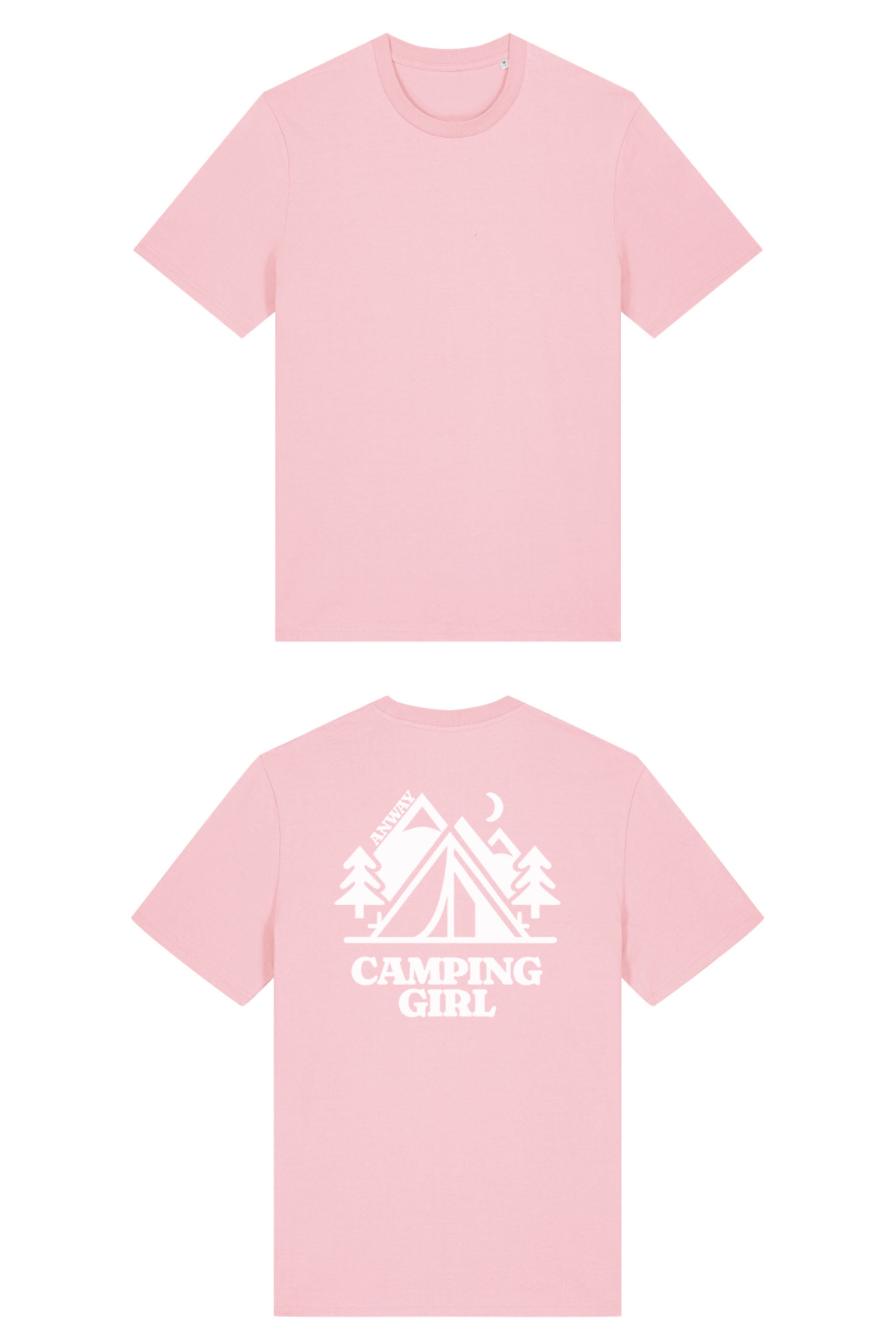 T-Shirt aus 100 % Bio-Baumwolle mit normaler Passform, erhältlich in verschiedenen Farben wie Blue Soul, Cotton Pink, Lavender, Aloe, Weiss und Schwarz. Individuell bedruckbar mit Wunschmotiv. Weiches, angenehm leichtes Material für hohen Tragekomfort. Ideal für einen zeitgemässen, entspannten Look. Mit grossem Zelt-Motiv, Bäumen, Mond und „CAMPING GIRL“-Print auf der Rückseite.