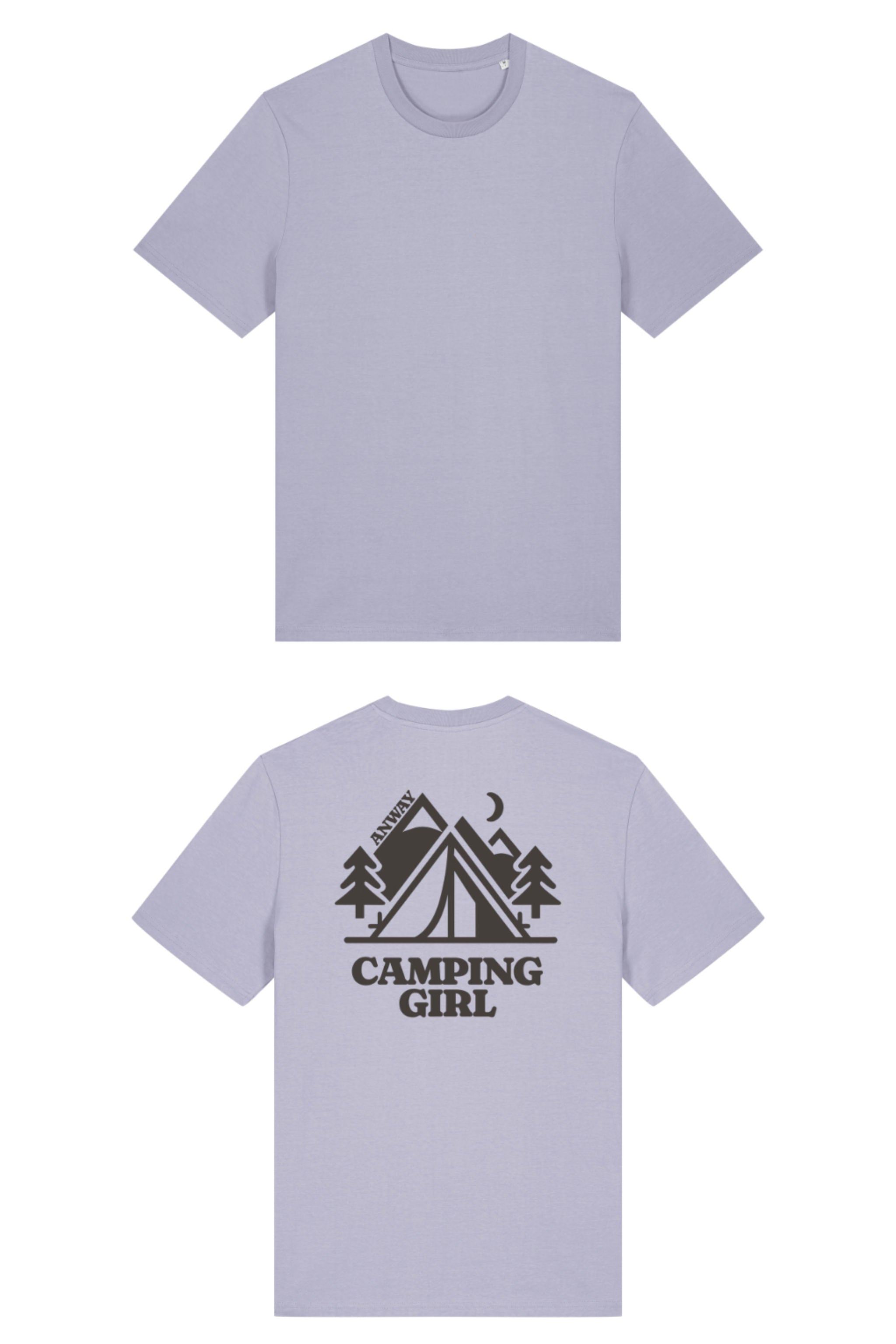 T-Shirt aus 100 % Bio-Baumwolle mit normaler Passform, erhältlich in verschiedenen Farben wie Blue Soul, Cotton Pink, Lavender, Aloe, Weiss und Schwarz. Individuell bedruckbar mit Wunschmotiv. Weiches, angenehm leichtes Material für hohen Tragekomfort. Ideal für einen zeitgemässen, entspannten Look. Mit grossem Zelt-Motiv, Bäumen, Mond und „CAMPING GIRL“-Print auf der Rückseite.