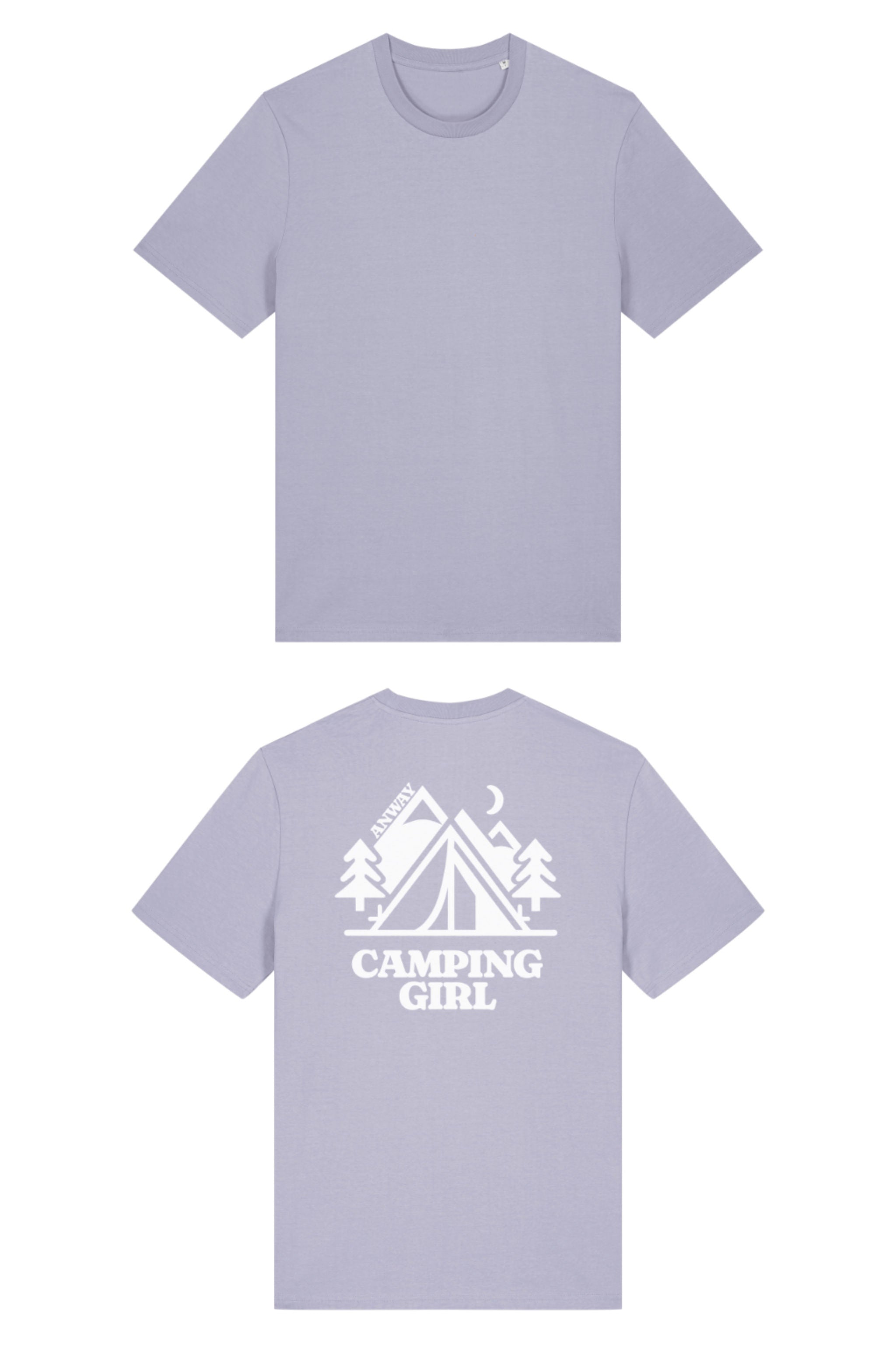 T-Shirt aus 100 % Bio-Baumwolle mit normaler Passform, erhältlich in verschiedenen Farben wie Blue Soul, Cotton Pink, Lavender, Aloe, Weiss und Schwarz. Individuell bedruckbar mit Wunschmotiv. Weiches, angenehm leichtes Material für hohen Tragekomfort. Ideal für einen zeitgemässen, entspannten Look. Mit grossem Zelt-Motiv, Bäumen, Mond und „CAMPING GIRL“-Print auf der Rückseite.