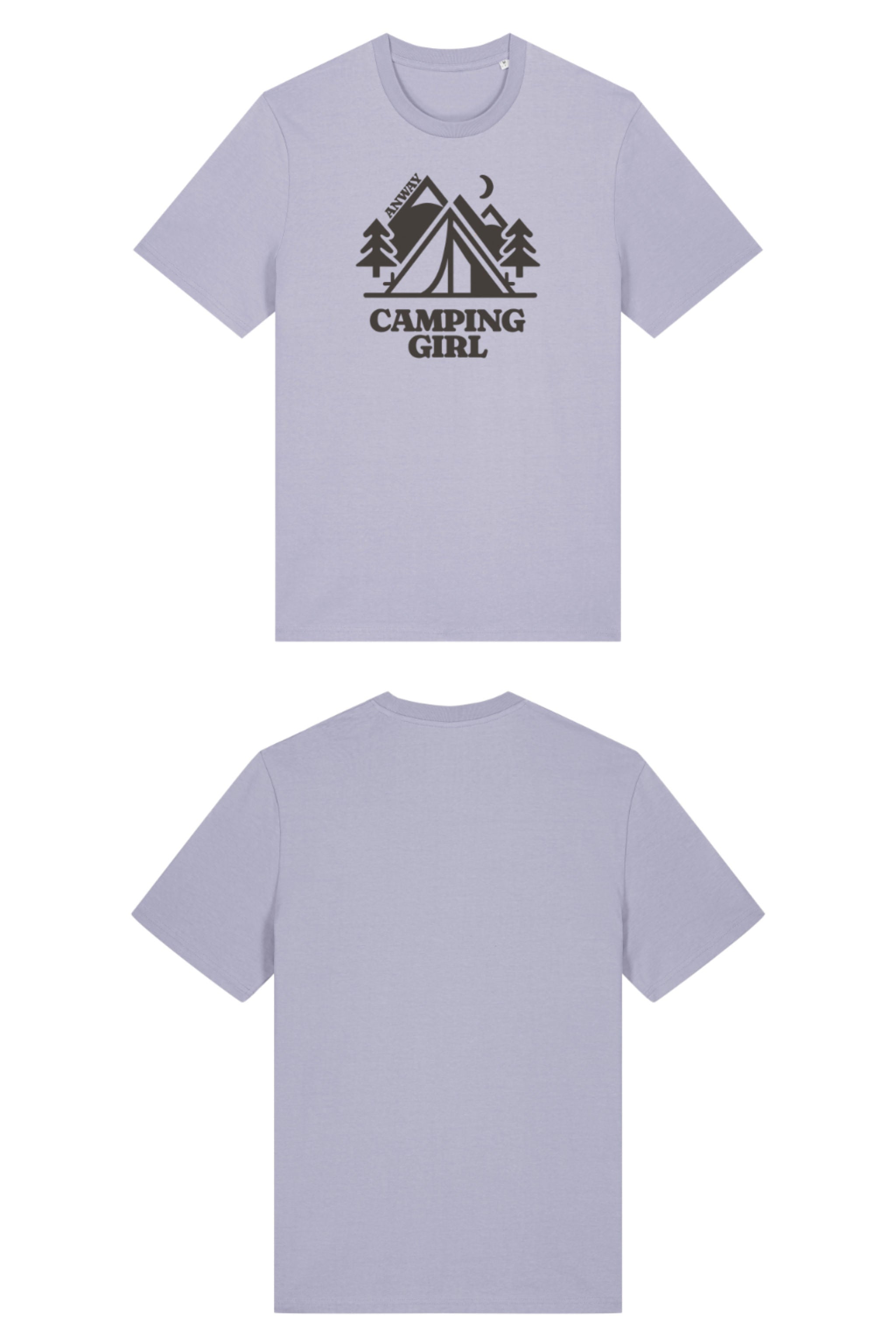 T-Shirt aus 100 % Bio-Baumwolle mit normaler Passform, erhältlich in verschiedenen Farben wie Blue Soul, Cotton Pink, Lavender, Aloe, Weiss und Schwarz. Individuell bedruckbar mit Wunschmotiv. Weiches, angenehm leichtes Material für hohen Tragekomfort. Ideal für einen zeitgemässen, entspannten Look. Mit Zelt-Motiv, Bäumen, Mond und „CAMPING GIRL“-Print auf der Vorderseite.