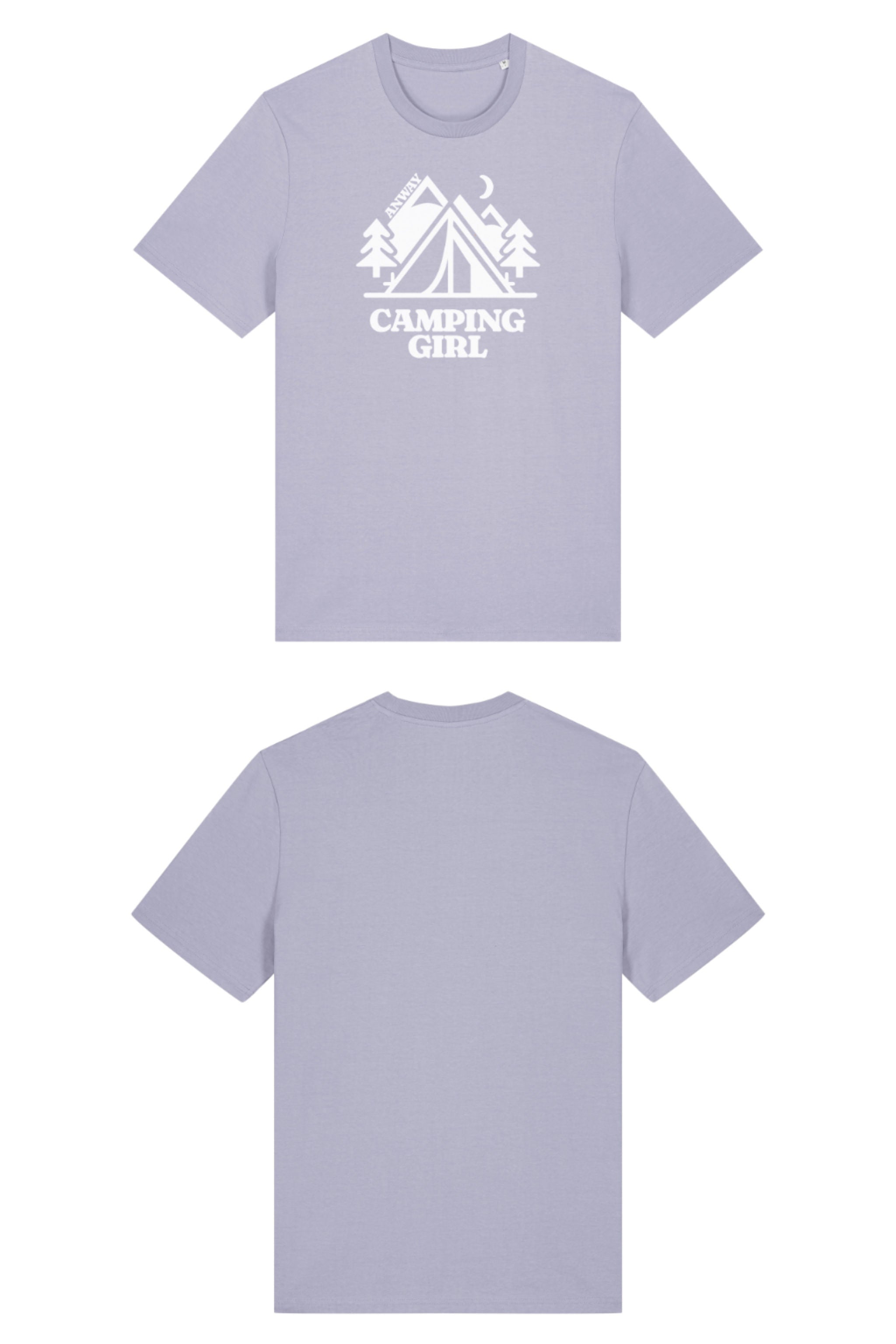 T-Shirt aus 100 % Bio-Baumwolle mit normaler Passform, erhältlich in verschiedenen Farben wie Blue Soul, Cotton Pink, Lavender, Aloe, Weiss und Schwarz. Individuell bedruckbar mit Wunschmotiv. Weiches, angenehm leichtes Material für hohen Tragekomfort. Ideal für einen zeitgemässen, entspannten Look. Mit Zelt-Motiv, Bäumen, Mond und „CAMPING GIRL“-Print auf der Vorderseite.
