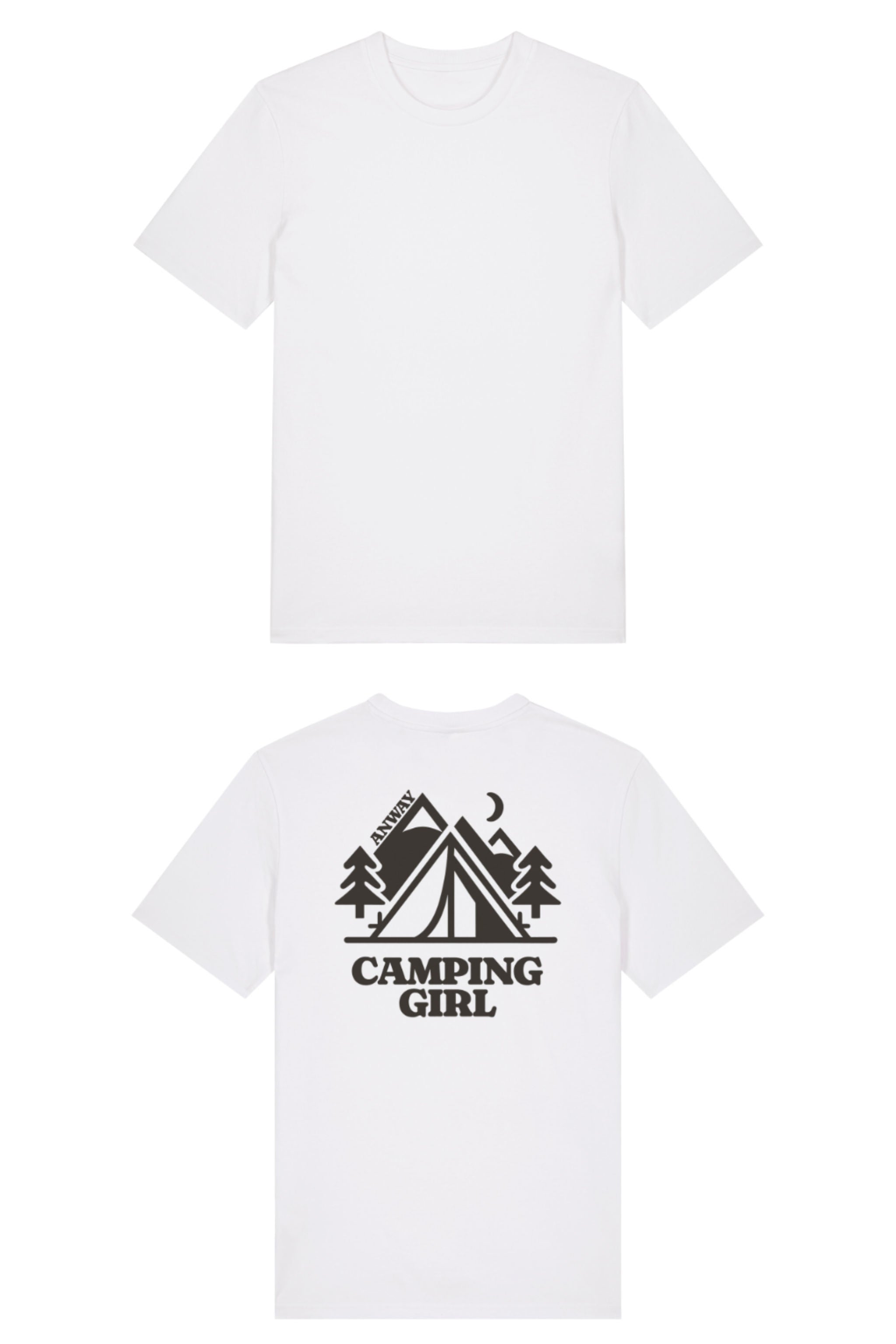 T-Shirt aus 100 % Bio-Baumwolle mit normaler Passform, erhältlich in verschiedenen Farben wie Blue Soul, Cotton Pink, Lavender, Aloe, Weiss und Schwarz. Individuell bedruckbar mit Wunschmotiv. Weiches, angenehm leichtes Material für hohen Tragekomfort. Ideal für einen zeitgemässen, entspannten Look. Mit grossem Zelt-Motiv, Bäumen, Mond und „CAMPING GIRL“-Print auf der Rückseite.