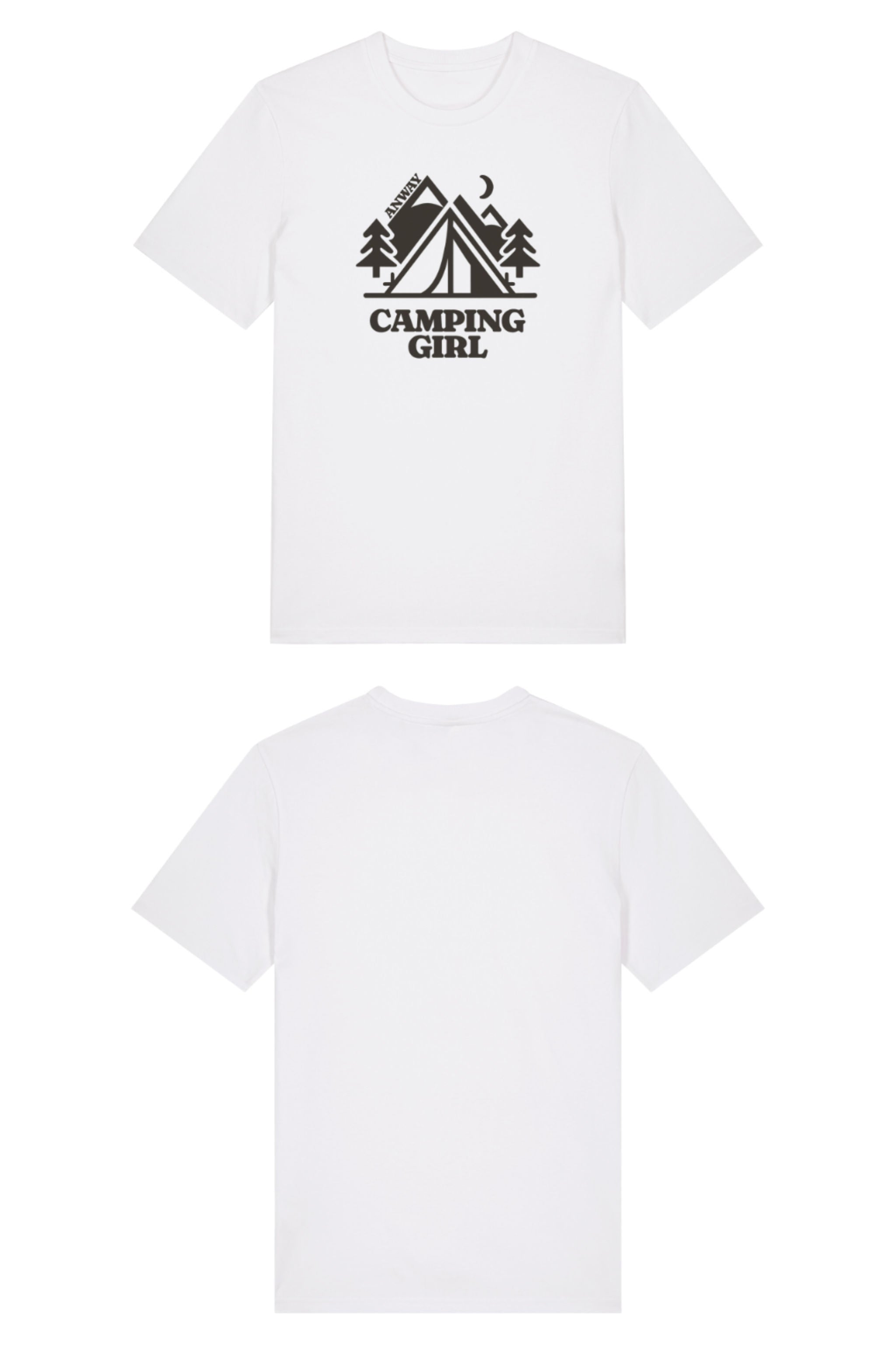 T-Shirt aus 100 % Bio-Baumwolle mit normaler Passform, erhältlich in verschiedenen Farben wie Blue Soul, Cotton Pink, Lavender, Aloe, Weiss und Schwarz. Individuell bedruckbar mit Wunschmotiv. Weiches, angenehm leichtes Material für hohen Tragekomfort. Ideal für einen zeitgemässen, entspannten Look. Mit Zelt-Motiv, Bäumen, Mond und „CAMPING GIRL“-Print auf der Vorderseite.