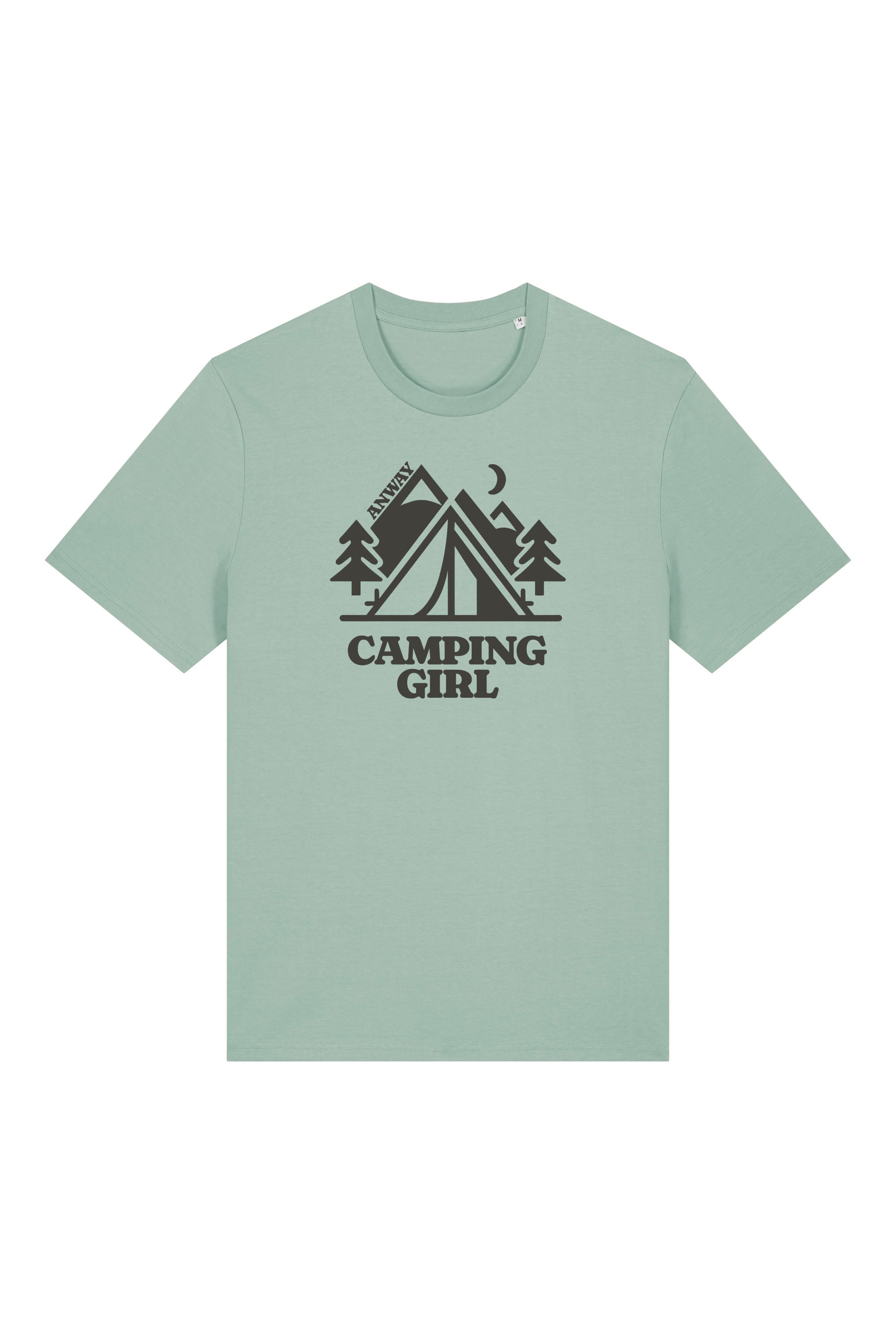 T-Shirt aus 100 % Bio-Baumwolle mit normaler Passform, erhältlich in verschiedenen Farben wie Blue Soul, Cotton Pink, Lavender, Aloe, Weiss und Schwarz. Individuell bedruckbar mit Wunschmotiv. Weiches, angenehm leichtes Material für hohen Tragekomfort. Ideal für einen zeitgemässen, entspannten Look. Mit Zelt-Motiv, Bäumen, Mond und „CAMPING GIRL“-Print auf der Vorderseite.