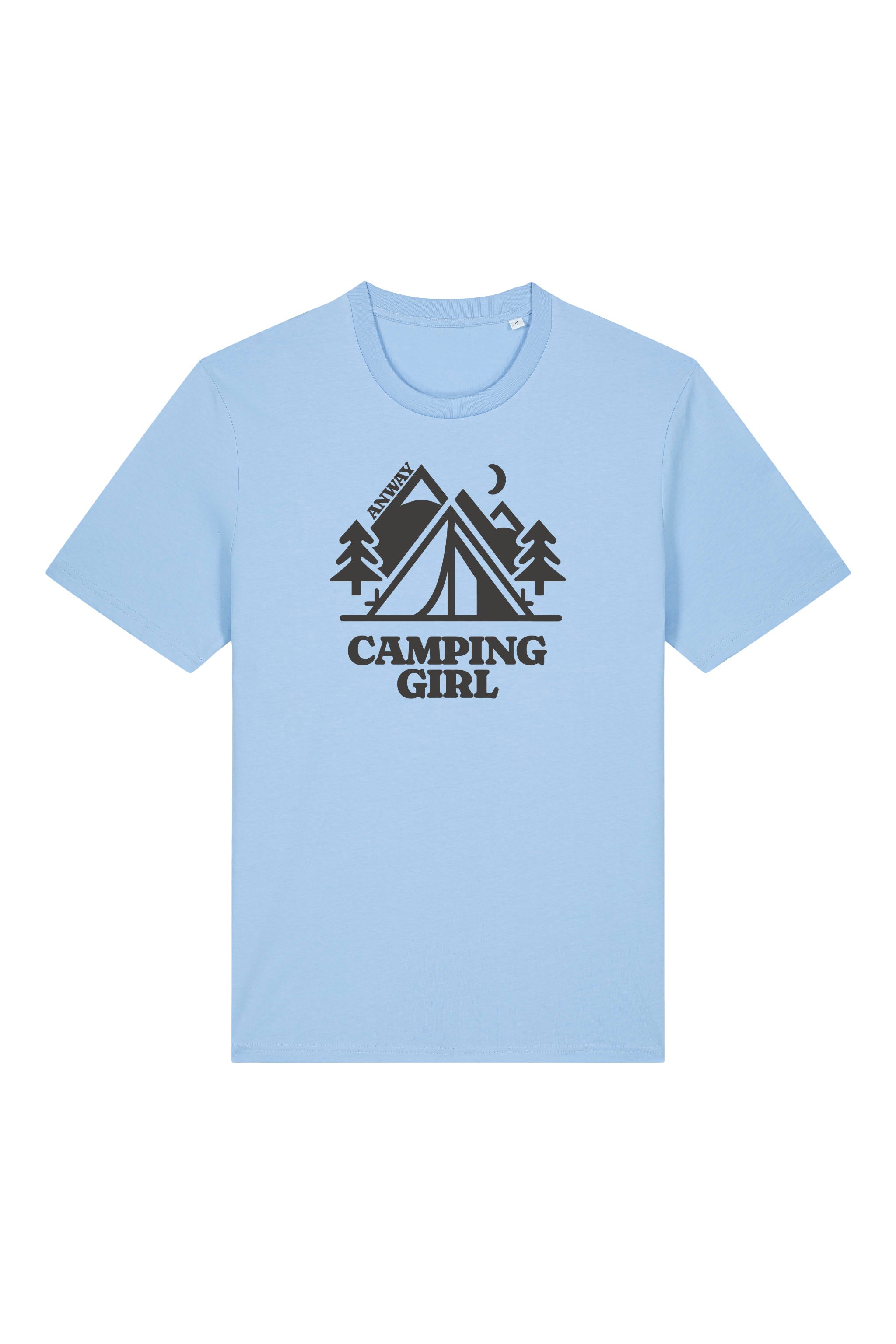 T-Shirt aus 100 % Bio-Baumwolle mit normaler Passform, erhältlich in verschiedenen Farben wie Blue Soul, Cotton Pink, Lavender, Aloe, Weiss und Schwarz. Individuell bedruckbar mit Wunschmotiv. Weiches, angenehm leichtes Material für hohen Tragekomfort. Ideal für einen zeitgemässen, entspannten Look. Mit Zelt-Motiv, Bäumen, Mond und „CAMPING GIRL“-Print auf der Vorderseite.