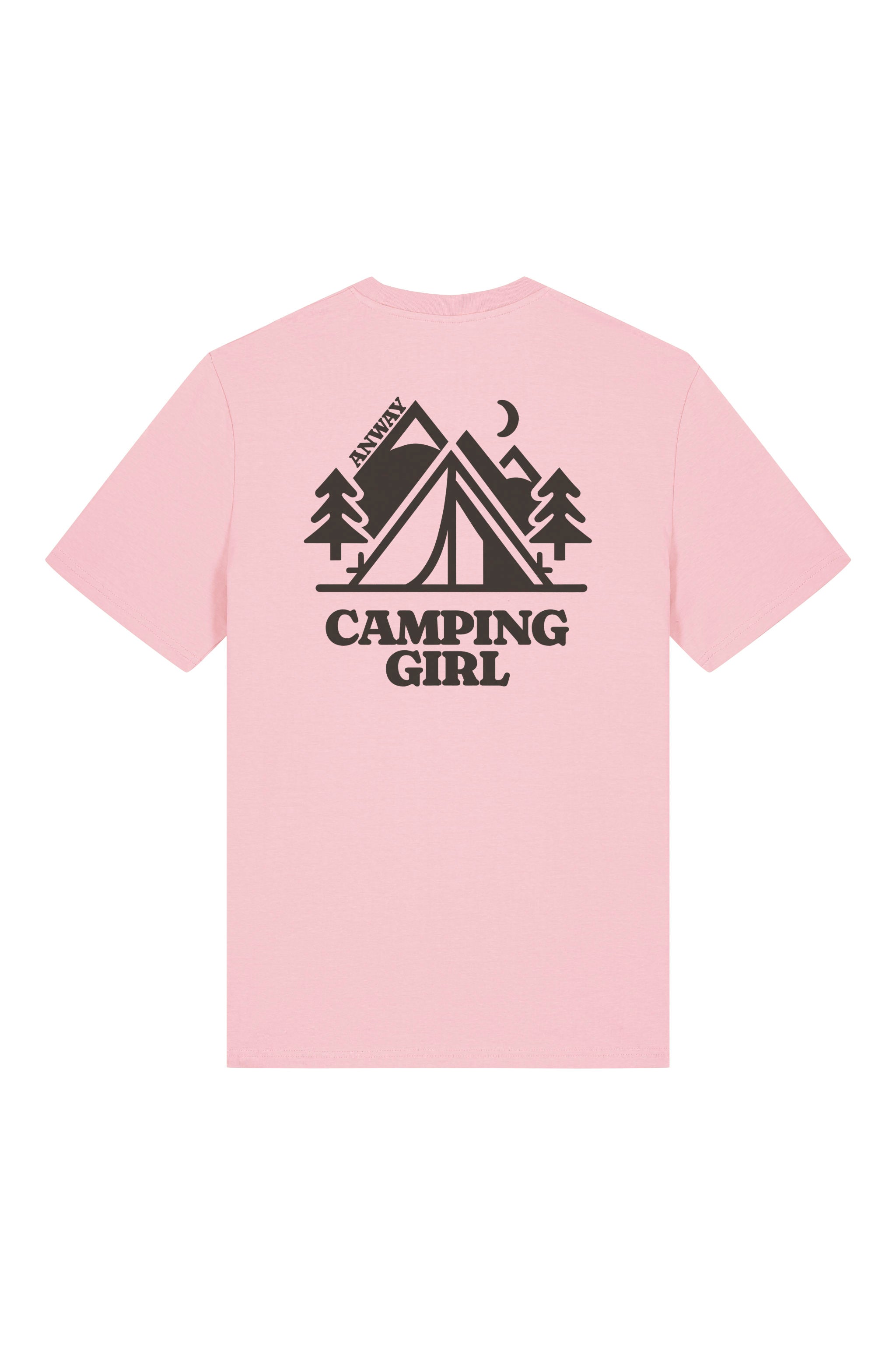 T-Shirt aus 100 % Bio-Baumwolle mit normaler Passform, erhältlich in verschiedenen Farben wie Blue Soul, Cotton Pink, Lavender, Aloe, Weiss und Schwarz. Individuell bedruckbar mit Wunschmotiv. Weiches, angenehm leichtes Material für hohen Tragekomfort. Ideal für einen zeitgemässen, entspannten Look. Mit grossem Zelt-Motiv, Bäumen, Mond und „CAMPING GIRL“-Print auf der Rückseite.
