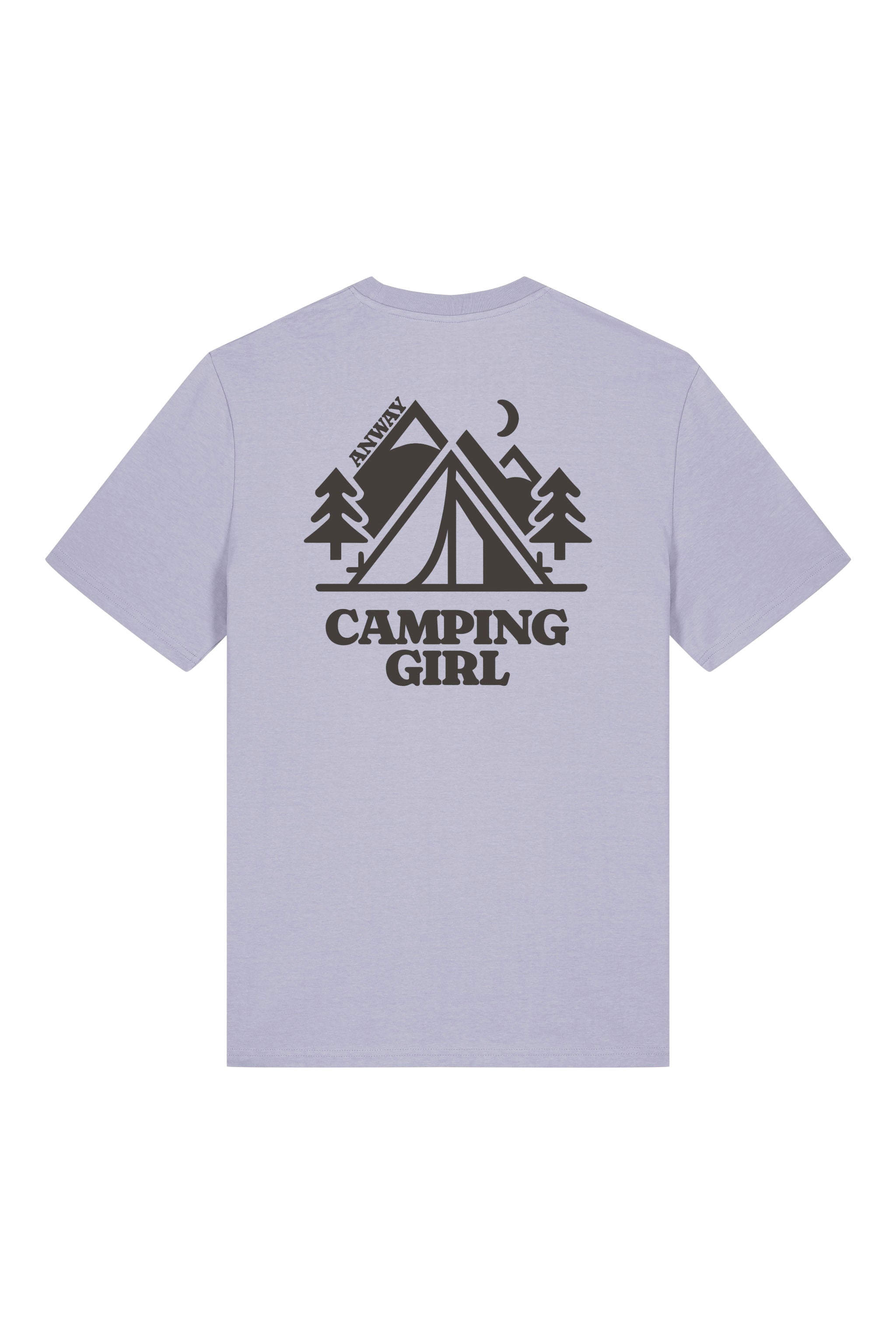 T-Shirt aus 100 % Bio-Baumwolle mit normaler Passform, erhältlich in verschiedenen Farben wie Blue Soul, Cotton Pink, Lavender, Aloe, Weiss und Schwarz. Individuell bedruckbar mit Wunschmotiv. Weiches, angenehm leichtes Material für hohen Tragekomfort. Ideal für einen zeitgemässen, entspannten Look. Mit grossem Zelt-Motiv, Bäumen, Mond und „CAMPING GIRL“-Print auf der Rückseite.