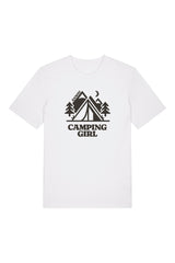 T-Shirt aus 100 % Bio-Baumwolle mit normaler Passform, erhältlich in verschiedenen Farben wie Blue Soul, Cotton Pink, Lavender, Aloe, Weiss und Schwarz. Individuell bedruckbar mit Wunschmotiv. Weiches, angenehm leichtes Material für hohen Tragekomfort. Ideal für einen zeitgemässen, entspannten Look. Mit Zelt-Motiv, Bäumen, Mond und „CAMPING GIRL“-Print auf der Vorderseite.