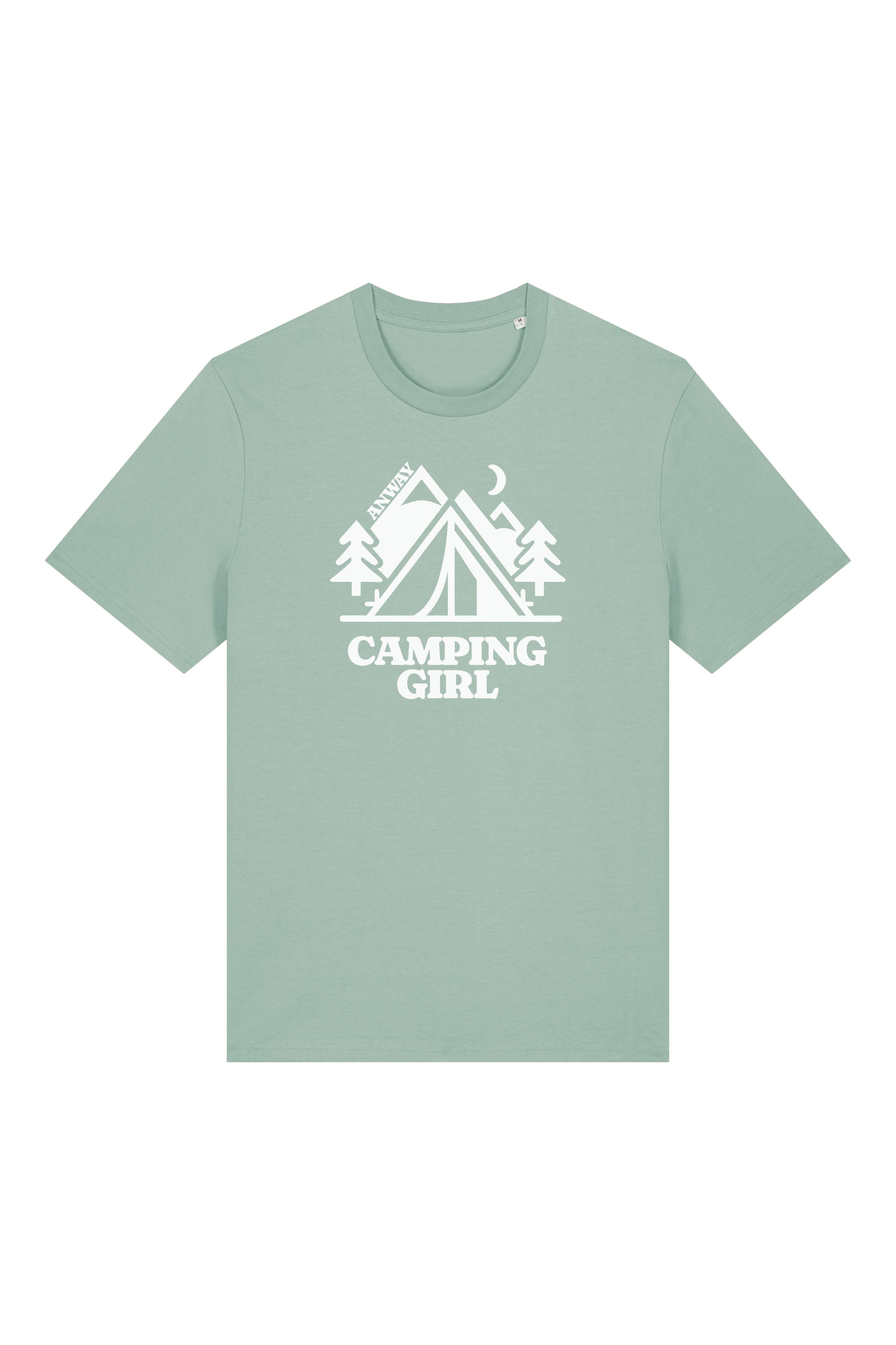 T-Shirt aus 100 % Bio-Baumwolle mit normaler Passform, erhältlich in verschiedenen Farben wie Blue Soul, Cotton Pink, Lavender, Aloe, Weiss und Schwarz. Individuell bedruckbar mit Wunschmotiv. Weiches, angenehm leichtes Material für hohen Tragekomfort. Ideal für einen zeitgemässen, entspannten Look. Mit Zelt-Motiv, Bäumen, Mond und „CAMPING GIRL“-Print auf der Vorderseite.