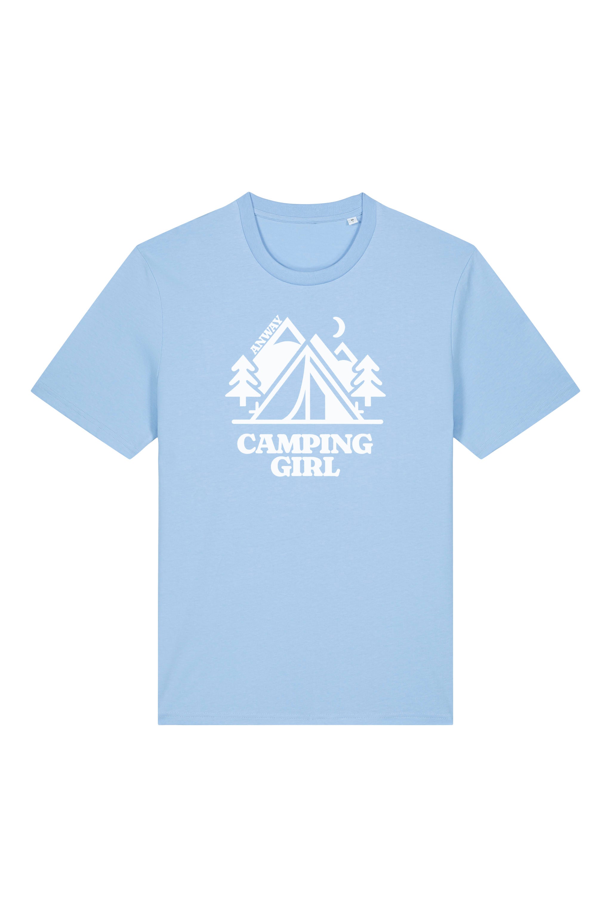 T-Shirt aus 100 % Bio-Baumwolle mit normaler Passform, erhältlich in verschiedenen Farben wie Blue Soul, Cotton Pink, Lavender, Aloe, Weiss und Schwarz. Individuell bedruckbar mit Wunschmotiv. Weiches, angenehm leichtes Material für hohen Tragekomfort. Ideal für einen zeitgemässen, entspannten Look. Mit Zelt-Motiv, Bäumen, Mond und „CAMPING GIRL“-Print auf der Vorderseite.