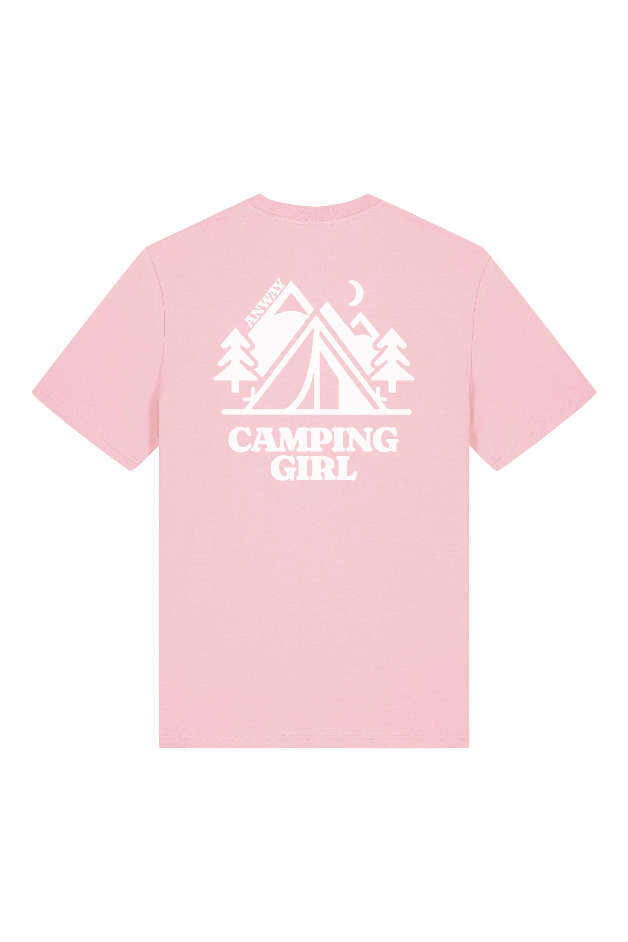 T-Shirt aus 100 % Bio-Baumwolle mit normaler Passform, erhältlich in verschiedenen Farben wie Blue Soul, Cotton Pink, Lavender, Aloe, Weiss und Schwarz. Individuell bedruckbar mit Wunschmotiv. Weiches, angenehm leichtes Material für hohen Tragekomfort. Ideal für einen zeitgemässen, entspannten Look. Mit grossem Zelt-Motiv, Bäumen, Mond und „CAMPING GIRL“-Print auf der Rückseite.