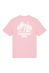 T-Shirt aus 100 % Bio-Baumwolle mit normaler Passform, erhältlich in verschiedenen Farben wie Blue Soul, Cotton Pink, Lavender, Aloe, Weiss und Schwarz. Individuell bedruckbar mit Wunschmotiv. Weiches, angenehm leichtes Material für hohen Tragekomfort. Ideal für einen zeitgemässen, entspannten Look. Mit kleinem Zelt-Motiv, Bäumen und Mond auf der Vorderseite und grossem „CAMPING GIRL“-Print auf dem Rücken. 